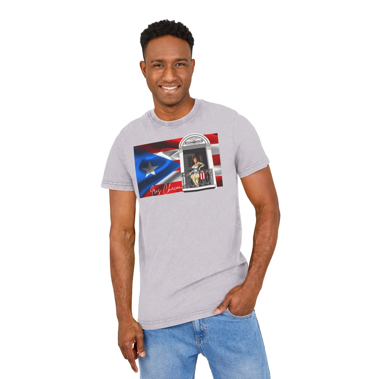 Iris Chacon Puerto Rico Patriotic Acid Washed Round Neck Tee, Vintage Style Shirt, Casual Wear, Independence Day Apparel, Gift for Music Lovers - Metamorphosis Creations