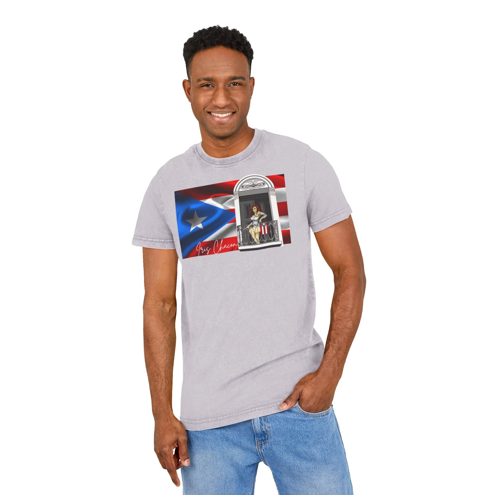 Iris Chacon Puerto Rico Patriotic Acid Washed Round Neck Tee, Vintage Style Shirt, Casual Wear, Independence Day Apparel, Gift for Music Lovers - Metamorphosis Creations