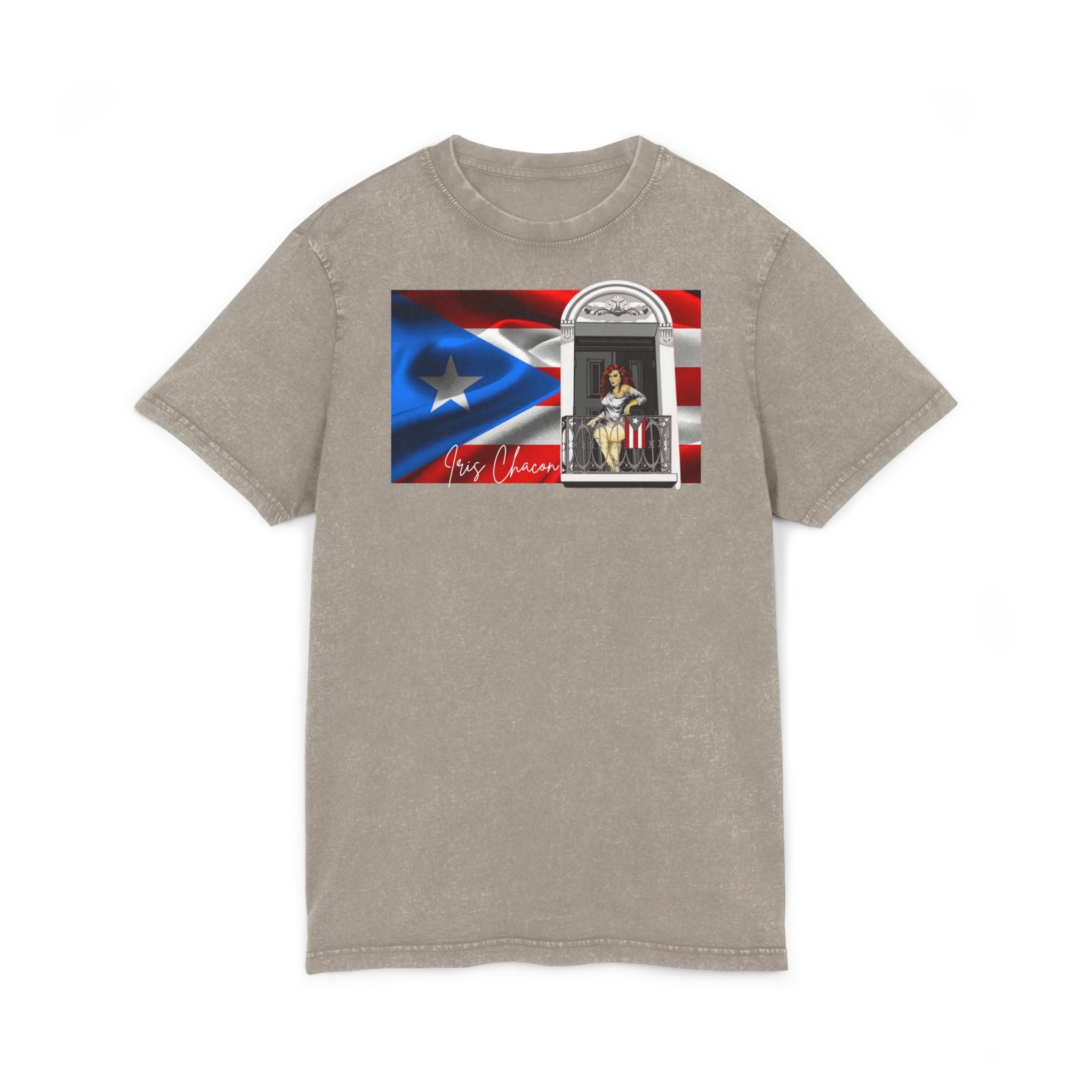 Iris Chacon Puerto Rico Patriotic Acid Washed Round Neck Tee, Vintage Style Shirt, Casual Wear, Independence Day Apparel, Gift for Music Lovers - Metamorphosis Creations