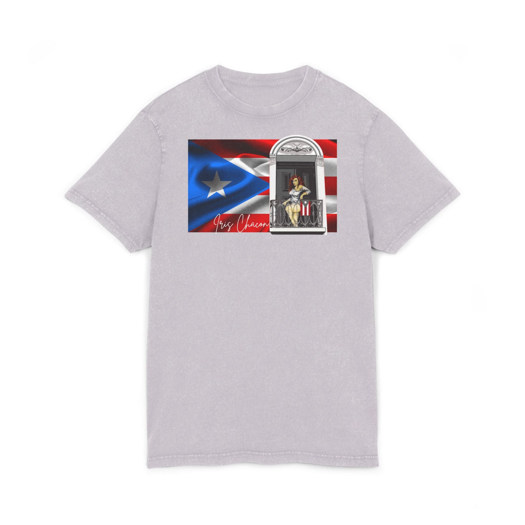 Iris Chacon Puerto Rico Patriotic Acid Washed Round Neck Tee, Vintage Style Shirt, Casual Wear, Independence Day Apparel, Gift for Music Lovers - Metamorphosis Creations