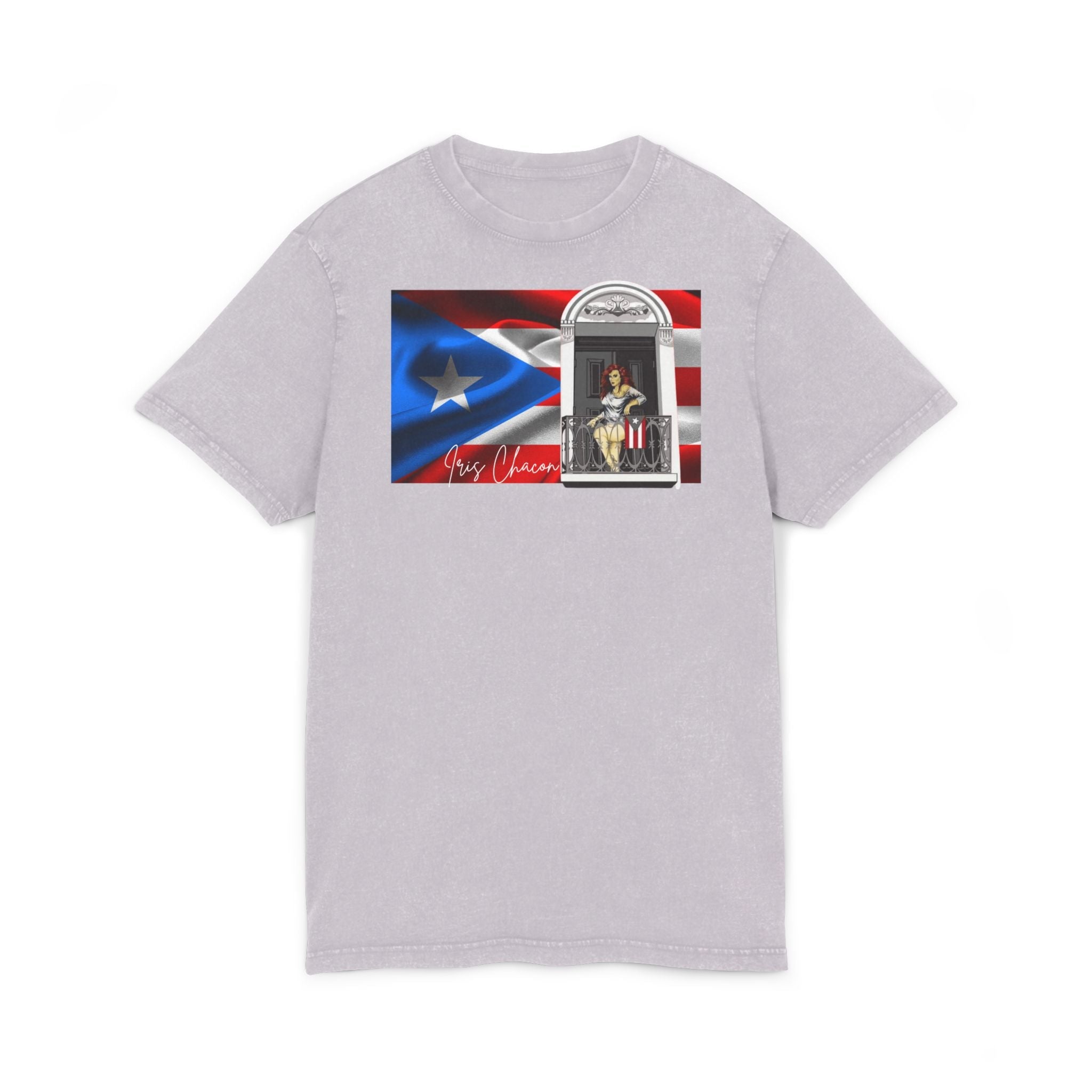 Iris Chacon Puerto Rico Patriotic Acid Washed Round Neck Tee, Vintage Style Shirt, Casual Wear, Independence Day Apparel, Gift for Music Lovers - Metamorphosis Creations
