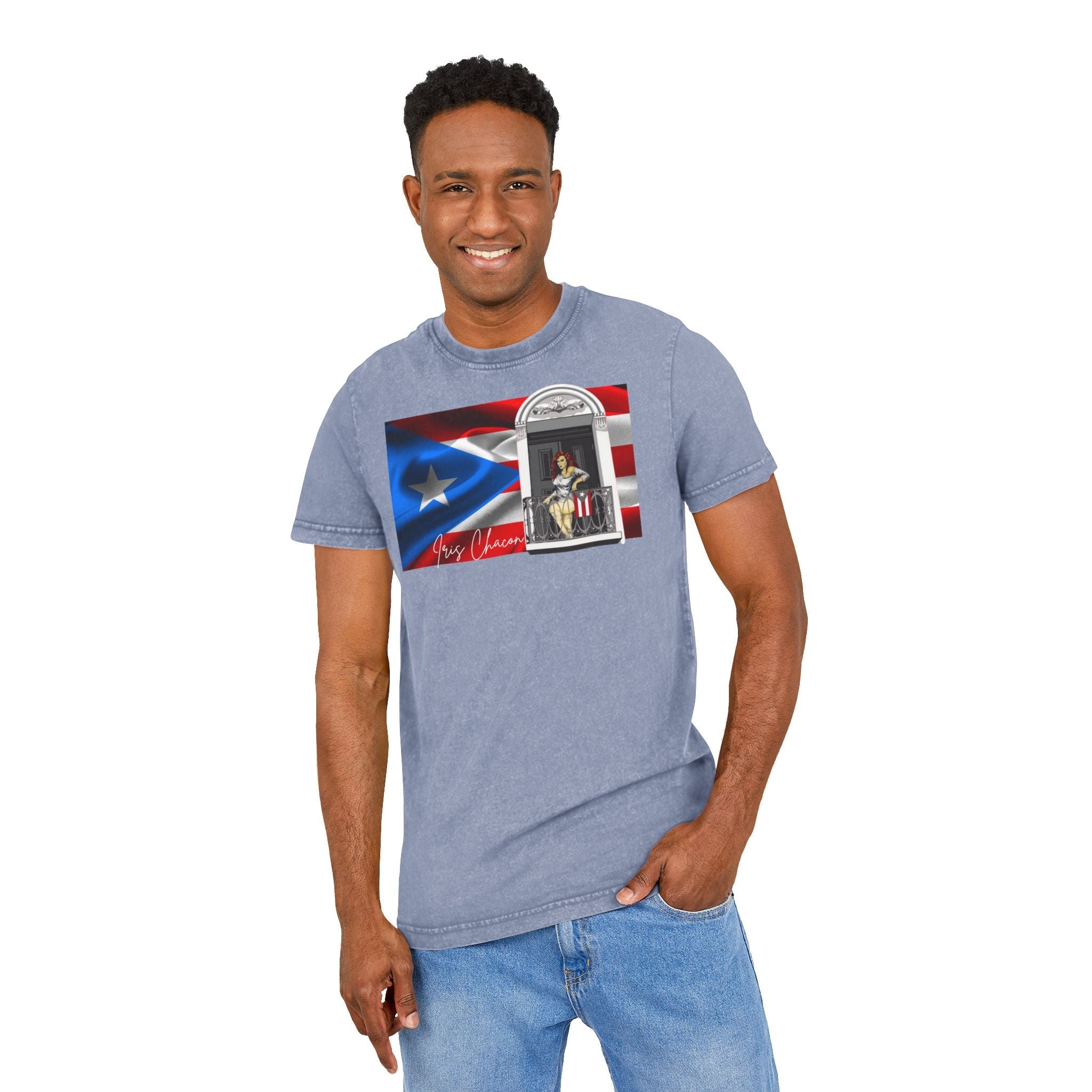 Iris Chacon Puerto Rico Patriotic Acid Washed Round Neck Tee, Vintage Style Shirt, Casual Wear, Independence Day Apparel, Gift for Music Lovers - Metamorphosis Creations