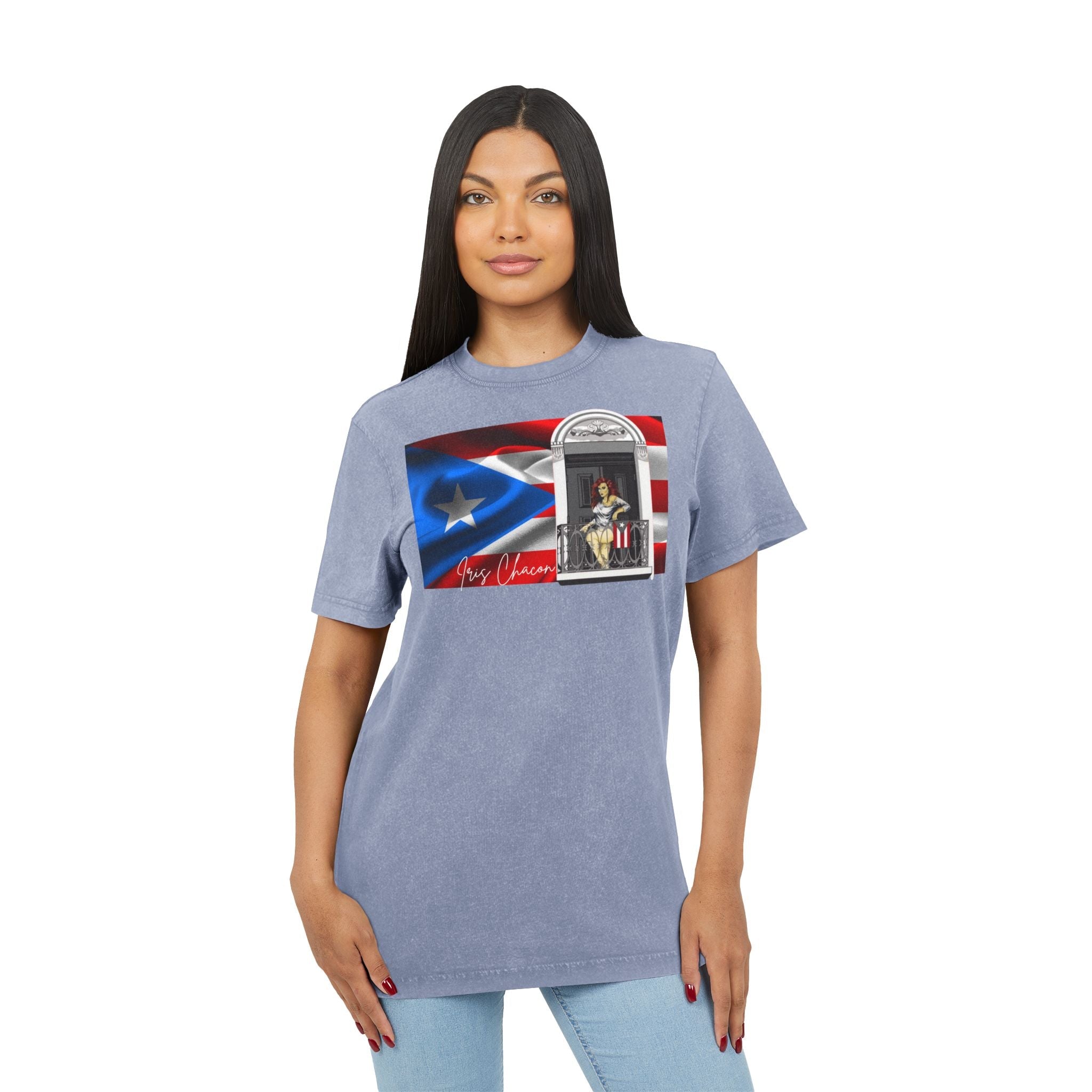 Iris Chacon Puerto Rico Patriotic Acid Washed Round Neck Tee, Vintage Style Shirt, Casual Wear, Independence Day Apparel, Gift for Music Lovers - Metamorphosis Creations