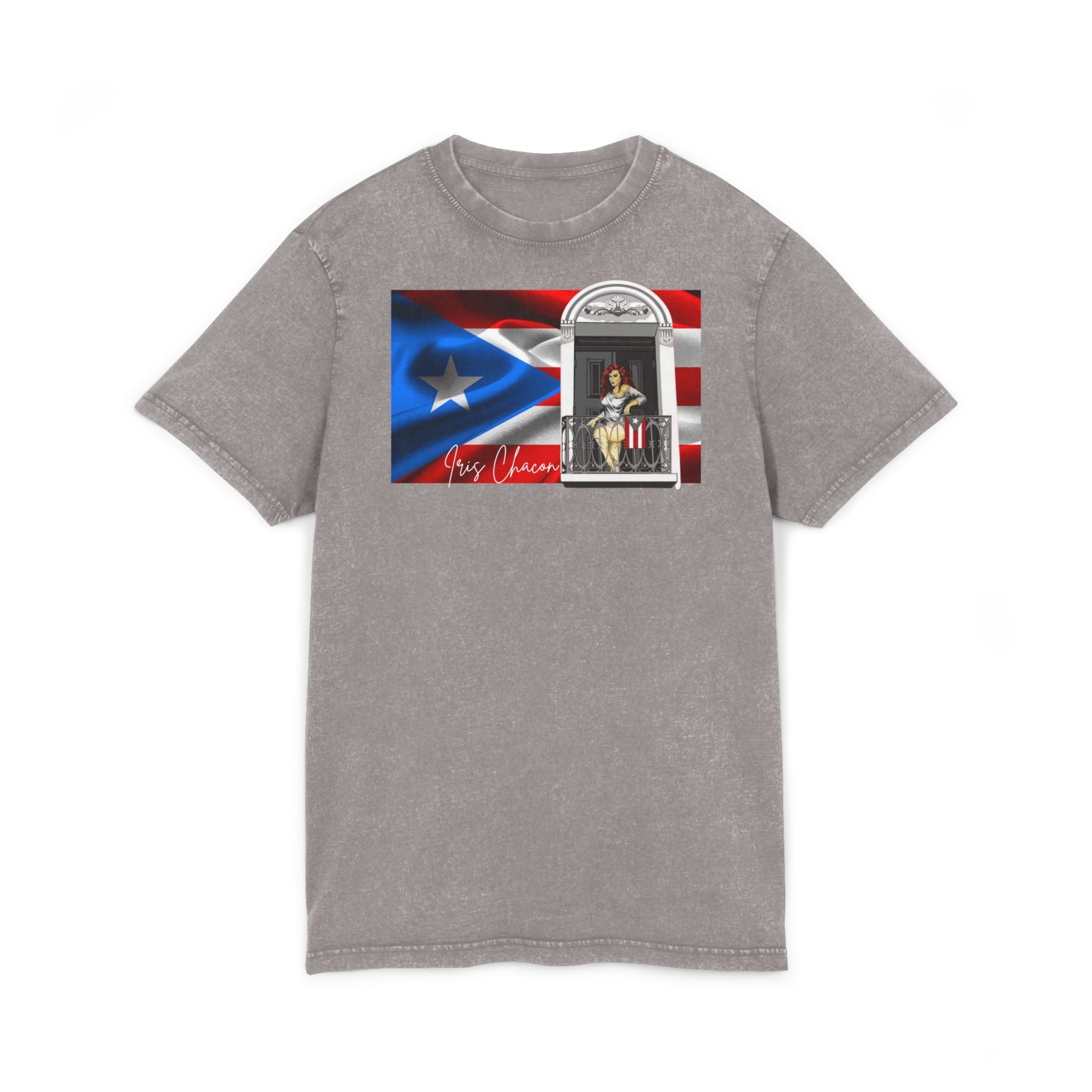 Iris Chacon Puerto Rico Patriotic Acid Washed Round Neck Tee, Vintage Style Shirt, Casual Wear, Independence Day Apparel, Gift for Music Lovers - Metamorphosis Creations