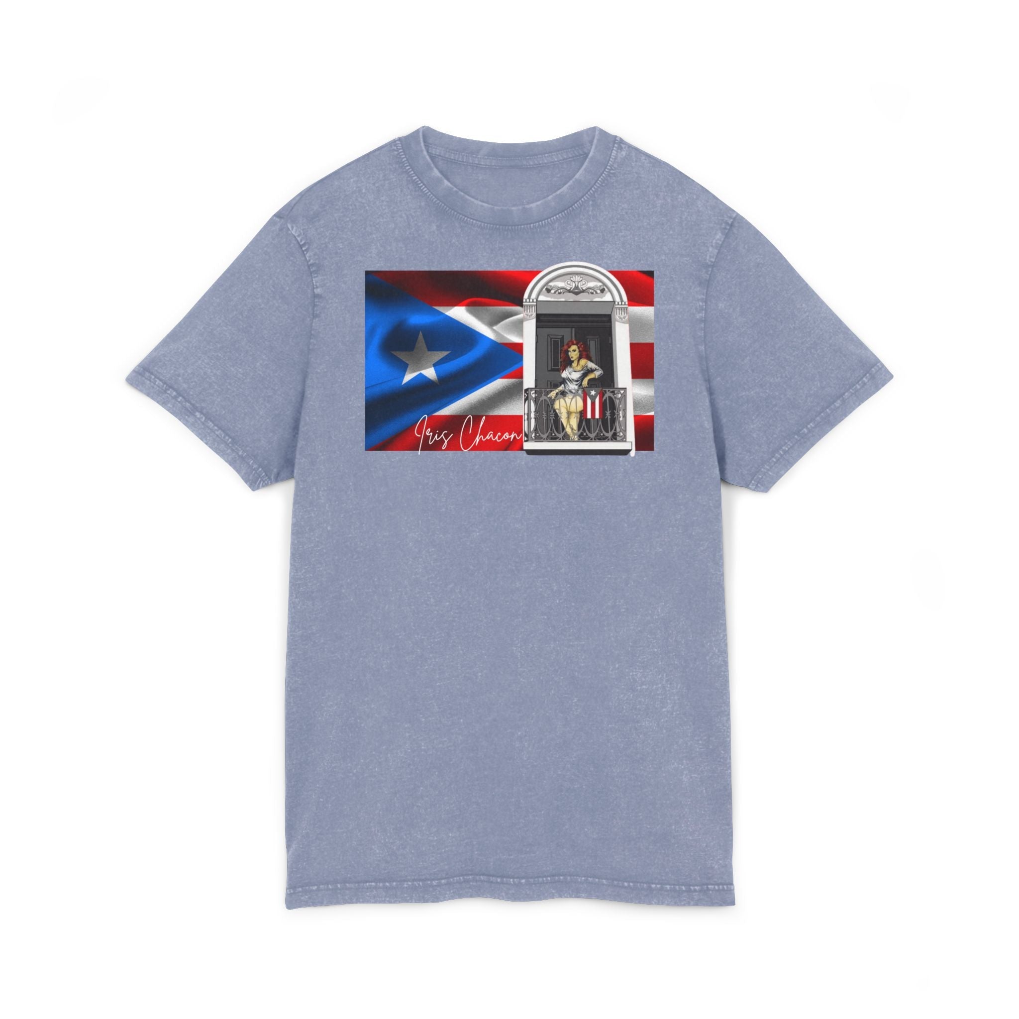 Iris Chacon Puerto Rico Patriotic Acid Washed Round Neck Tee, Vintage Style Shirt, Casual Wear, Independence Day Apparel, Gift for Music Lovers - Metamorphosis Creations