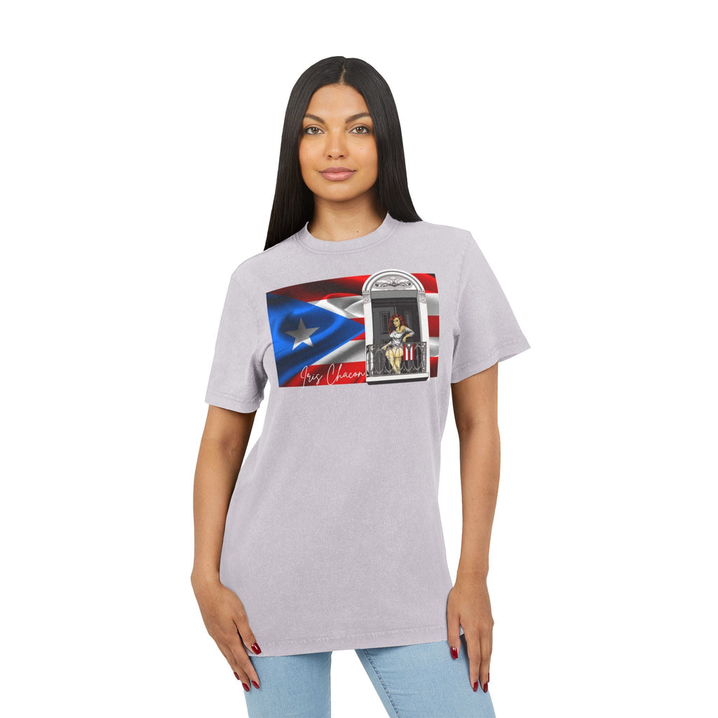 Iris Chacon Puerto Rico Patriotic Acid Washed Round Neck Tee, Vintage Style Shirt, Casual Wear, Independence Day Apparel, Gift for Music Lovers - Metamorphosis Creations