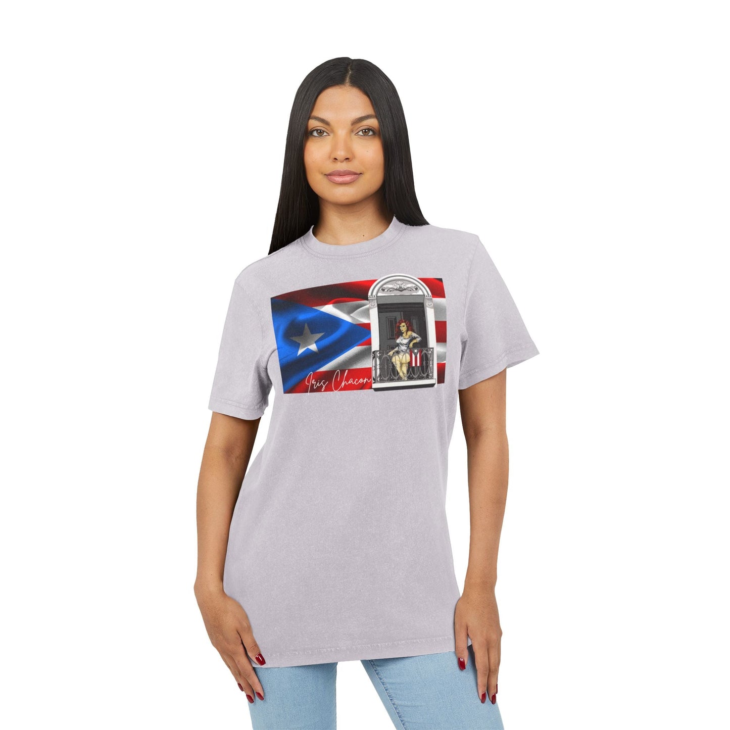 Iris Chacon Puerto Rico Patriotic Acid Washed Round Neck Tee, Vintage Style Shirt, Casual Wear, Independence Day Apparel, Gift for Music Lovers - Metamorphosis Creations