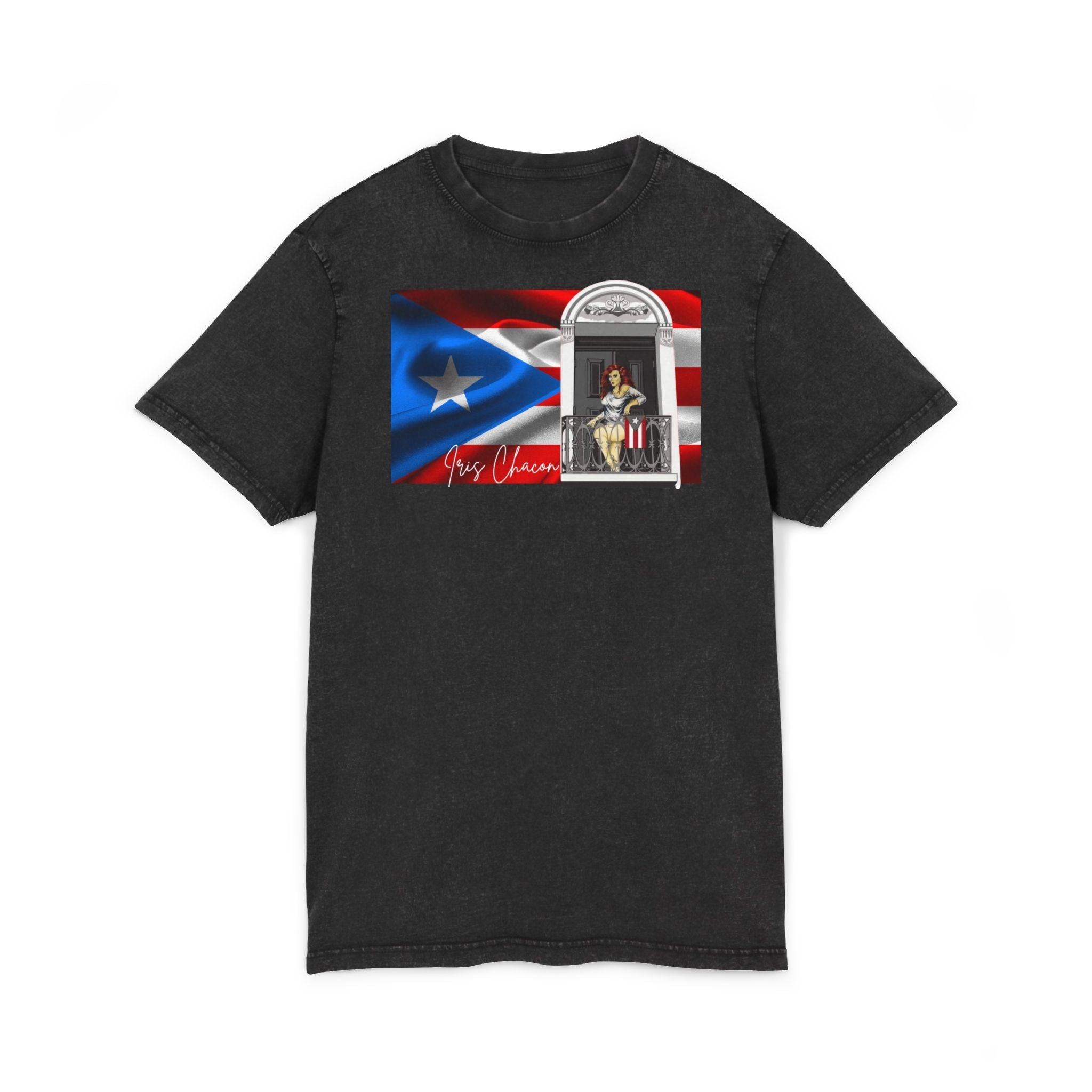 Iris Chacon Puerto Rico Patriotic Acid Washed Round Neck Tee, Vintage Style Shirt, Casual Wear, Independence Day Apparel, Gift for Music Lovers - Metamorphosis Creations