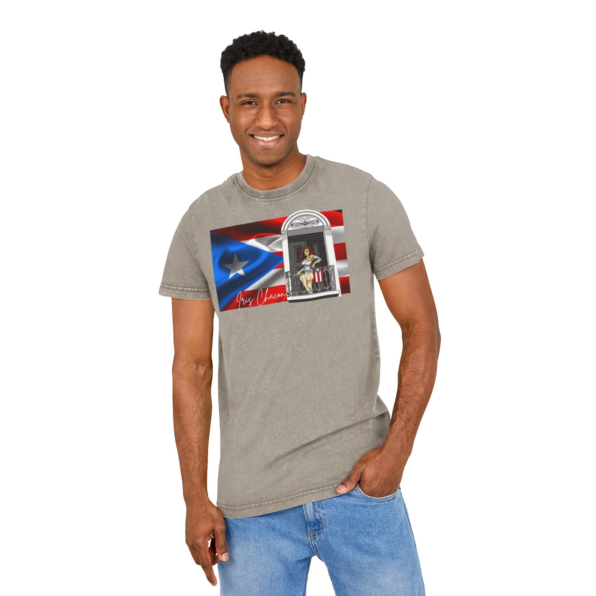 Iris Chacon Puerto Rico Patriotic Acid Washed Round Neck Tee, Vintage Style Shirt, Casual Wear, Independence Day Apparel, Gift for Music Lovers - Metamorphosis Creations