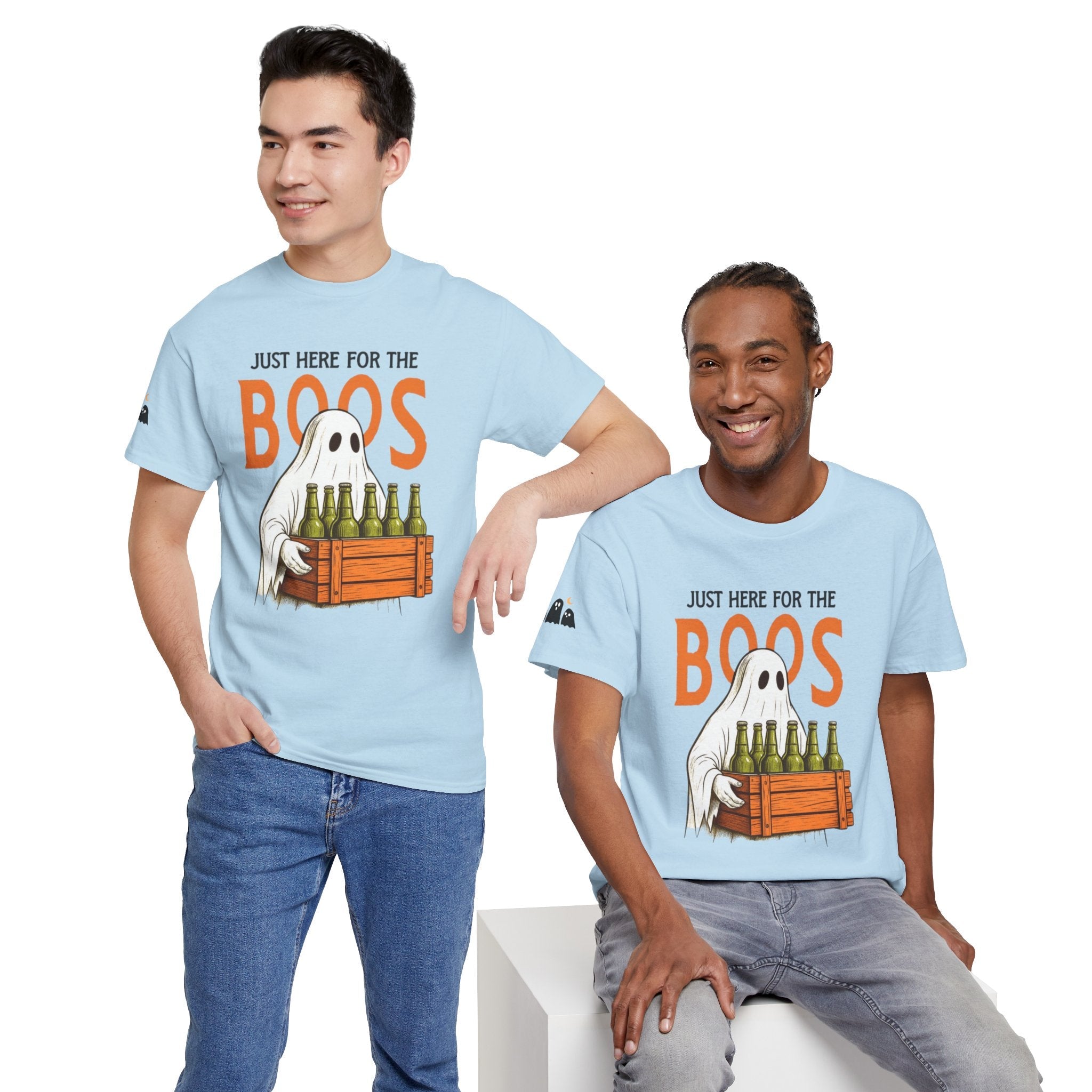 Just Here for the Boos Halloween Tee, Funny Ghost Shirt, Unisex Cotton T-Shirt, Spooky Party Apparel, Halloween Costume Top - Metamorphosis Creations