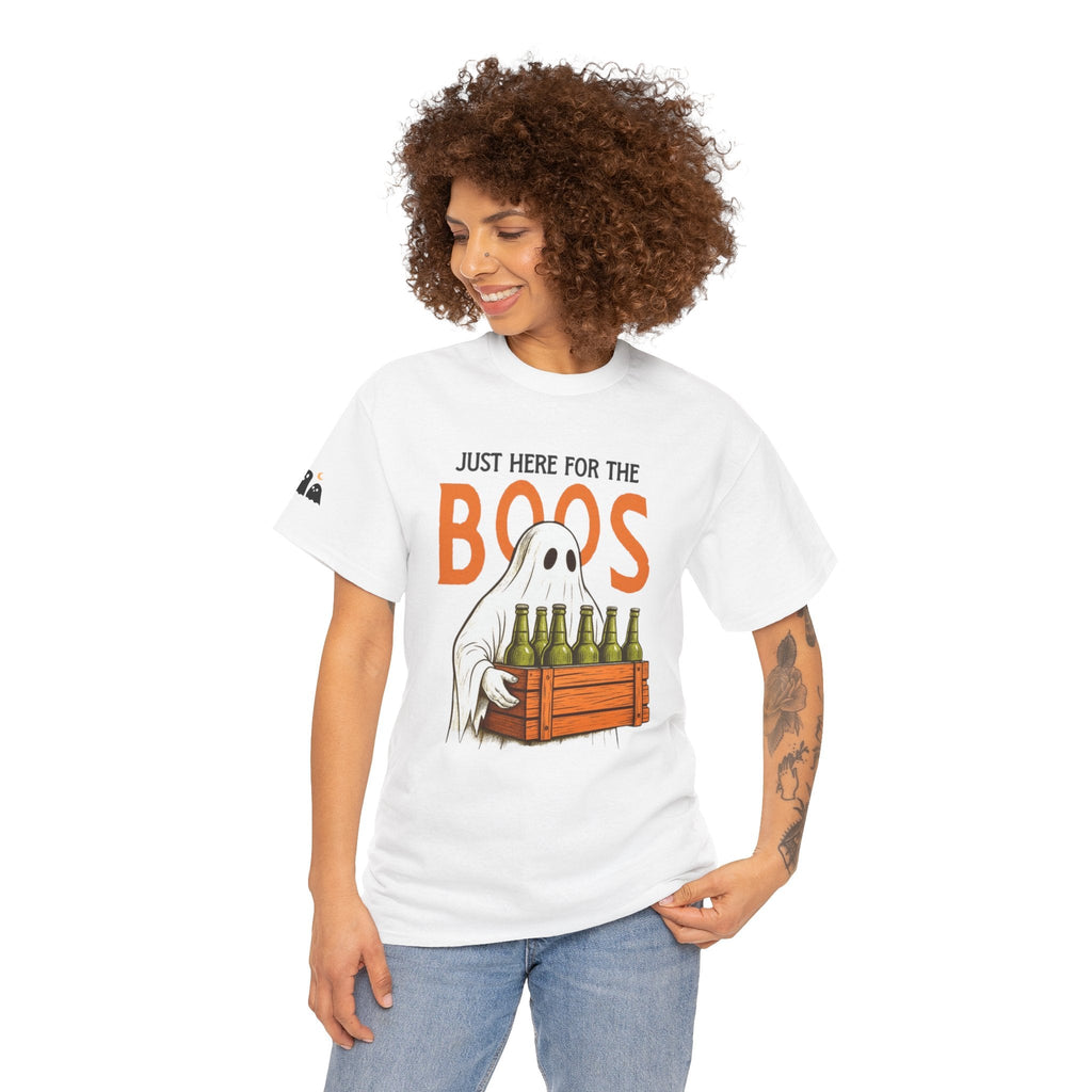 Just Here for the Boos Halloween Tee, Funny Ghost Shirt, Unisex Cotton T-Shirt, Spooky Party Apparel, Halloween Costume Top - Metamorphosis Creations