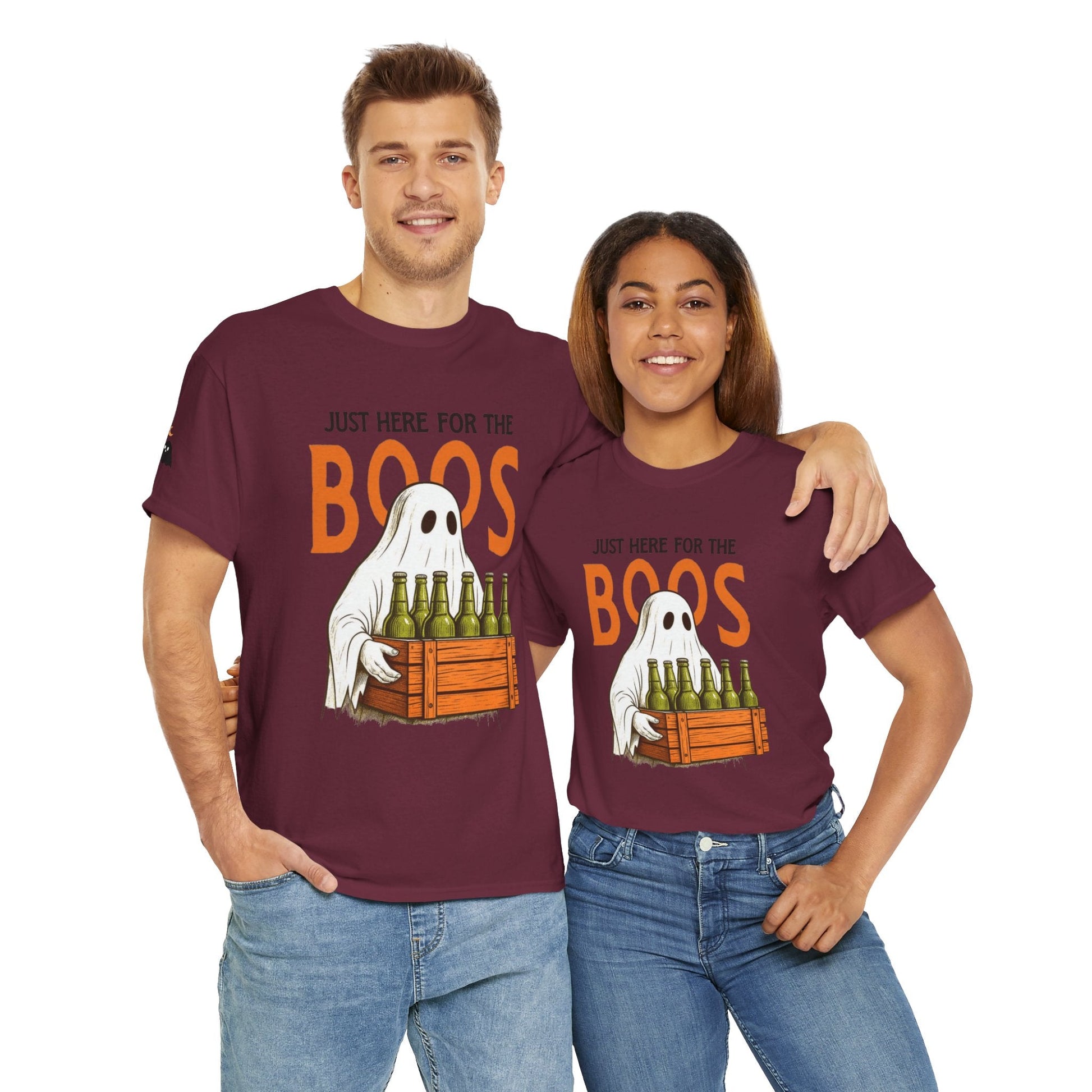 Just Here for the Boos Halloween Tee, Funny Ghost Shirt, Unisex Cotton T-Shirt, Spooky Party Apparel, Halloween Costume Top - Metamorphosis Creations