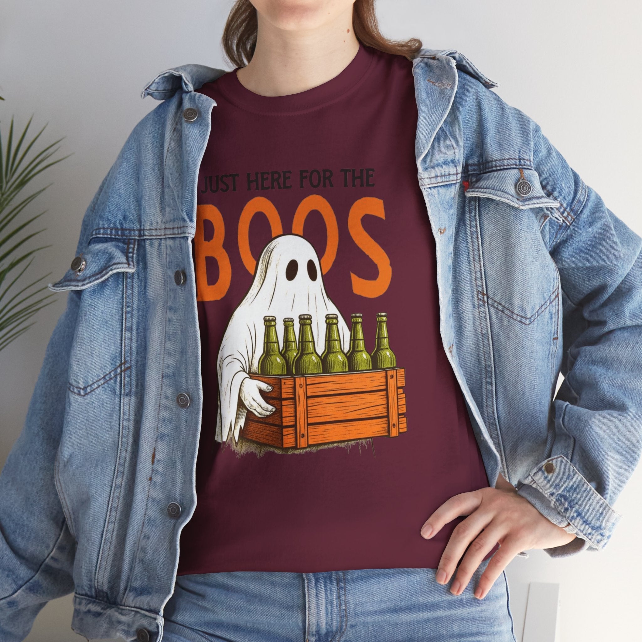 Just Here for the Boos Halloween Tee, Funny Ghost Shirt, Unisex Cotton T-Shirt, Spooky Party Apparel, Halloween Costume Top - Metamorphosis Creations