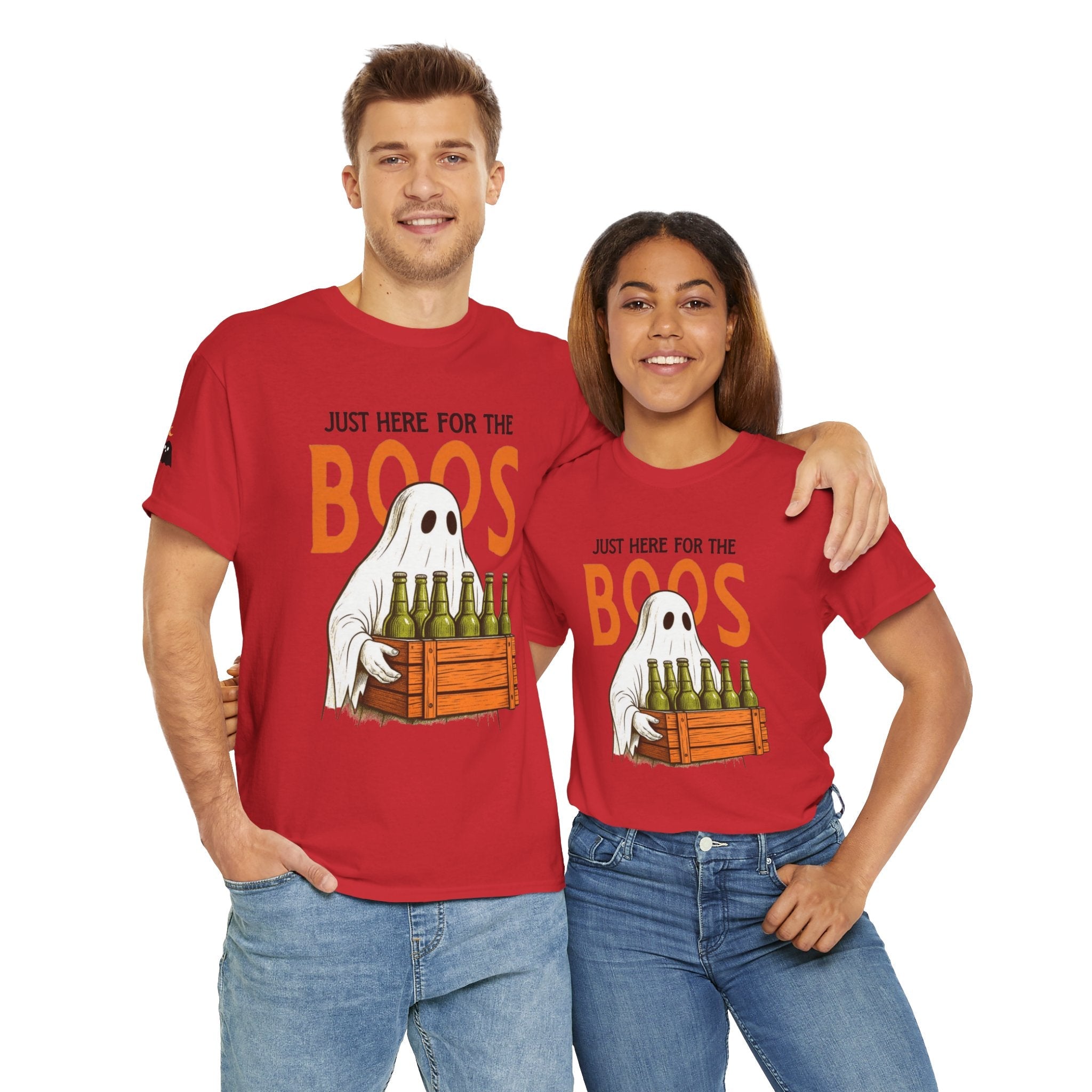 Just Here for the Boos Halloween Tee, Funny Ghost Shirt, Unisex Cotton T-Shirt, Spooky Party Apparel, Halloween Costume Top - Metamorphosis Creations