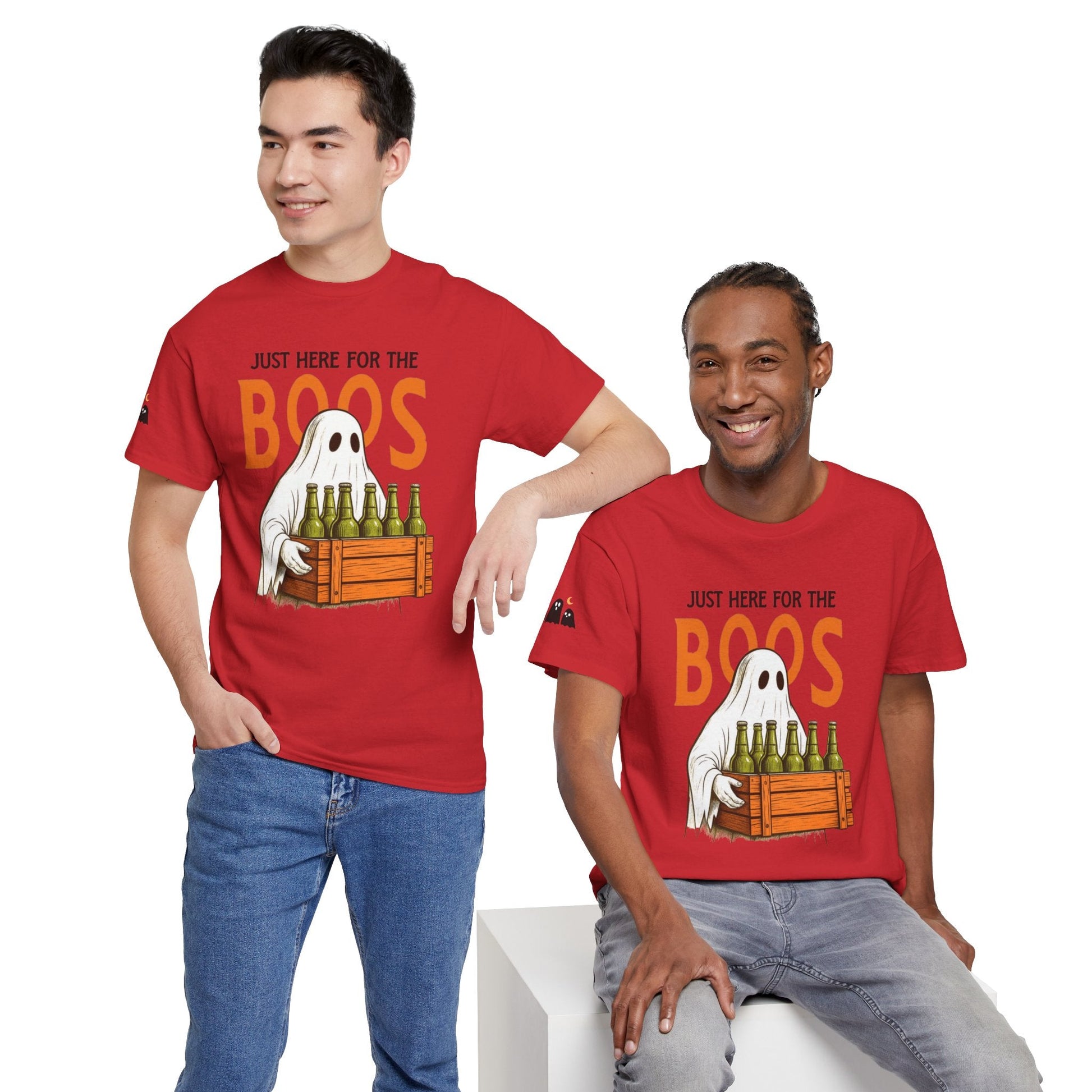 Just Here for the Boos Halloween Tee, Funny Ghost Shirt, Unisex Cotton T-Shirt, Spooky Party Apparel, Halloween Costume Top - Metamorphosis Creations