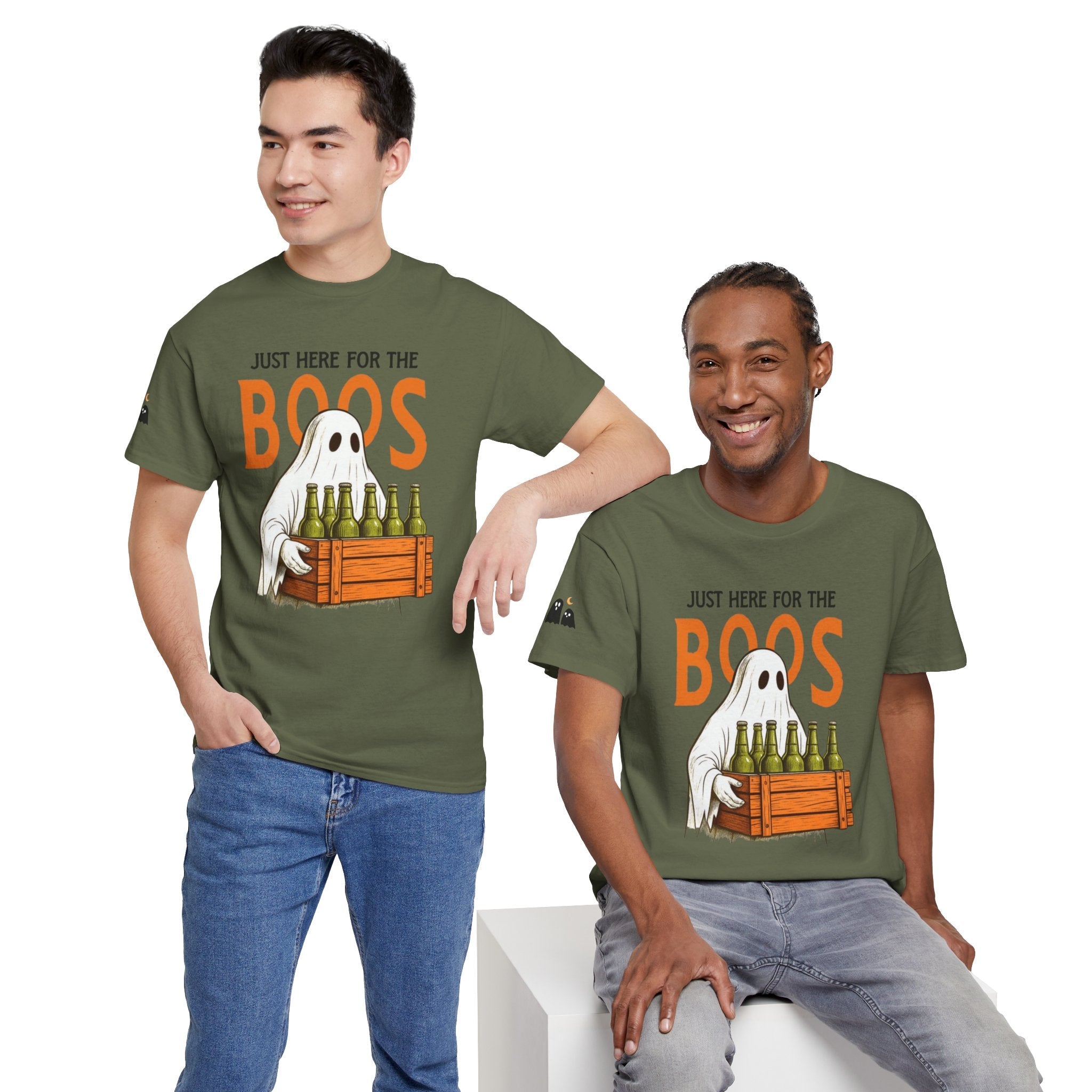 Just Here for the Boos Halloween Tee, Funny Ghost Shirt, Unisex Cotton T-Shirt, Spooky Party Apparel, Halloween Costume Top - Metamorphosis Creations
