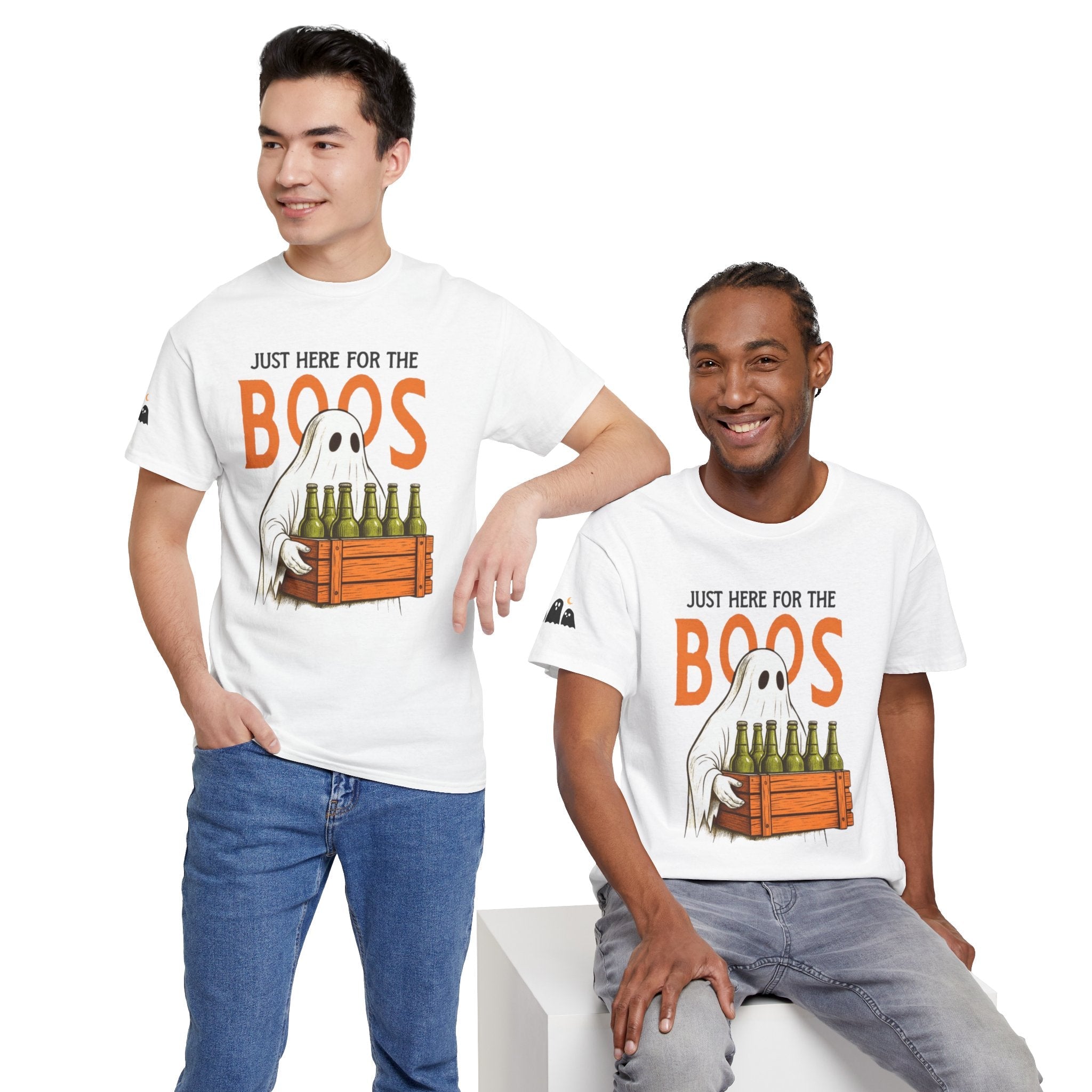 Just Here for the Boos Halloween Tee, Funny Ghost Shirt, Unisex Cotton T-Shirt, Spooky Party Apparel, Halloween Costume Top - Metamorphosis Creations