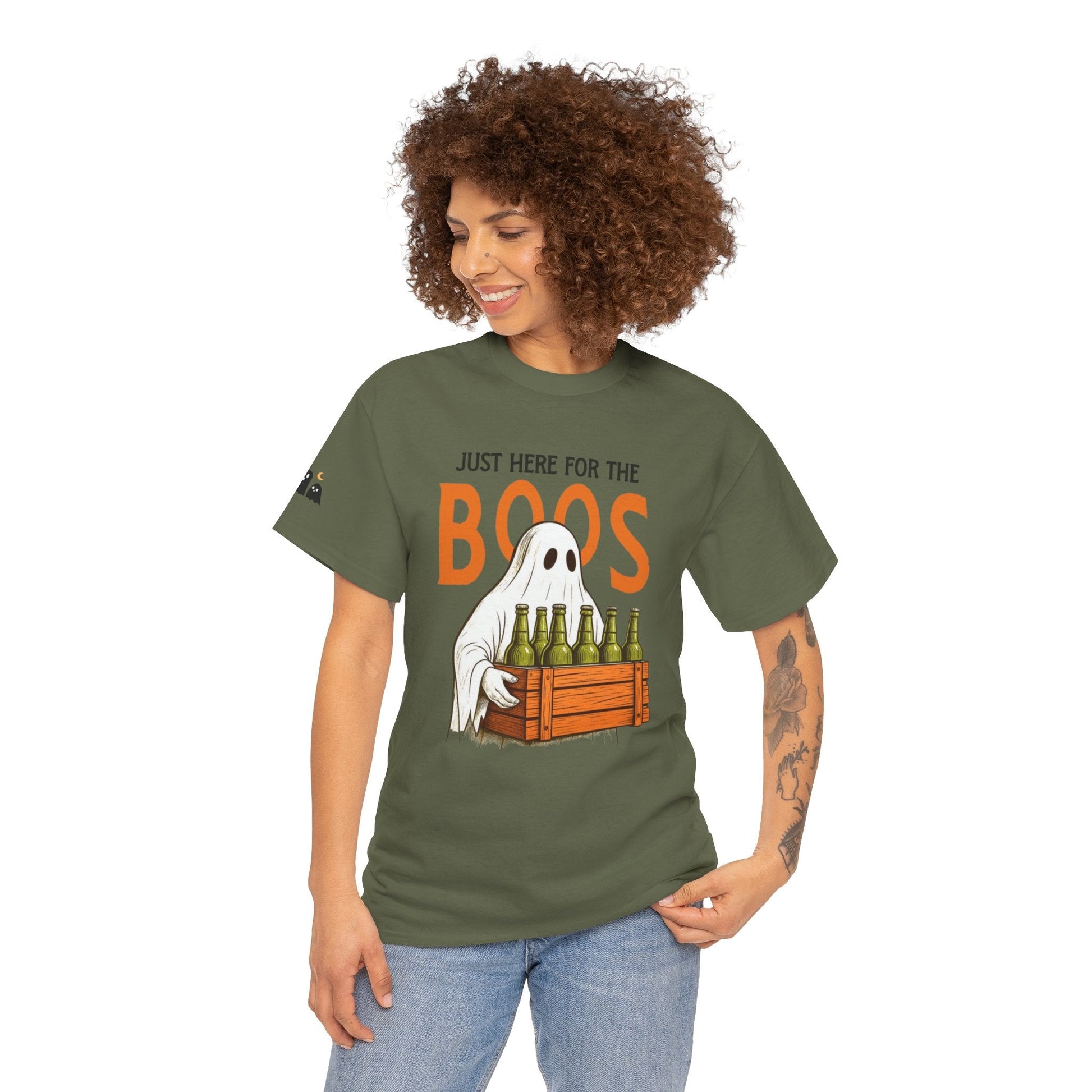 Just Here for the Boos Halloween Tee, Funny Ghost Shirt, Unisex Cotton T-Shirt, Spooky Party Apparel, Halloween Costume Top - Metamorphosis Creations