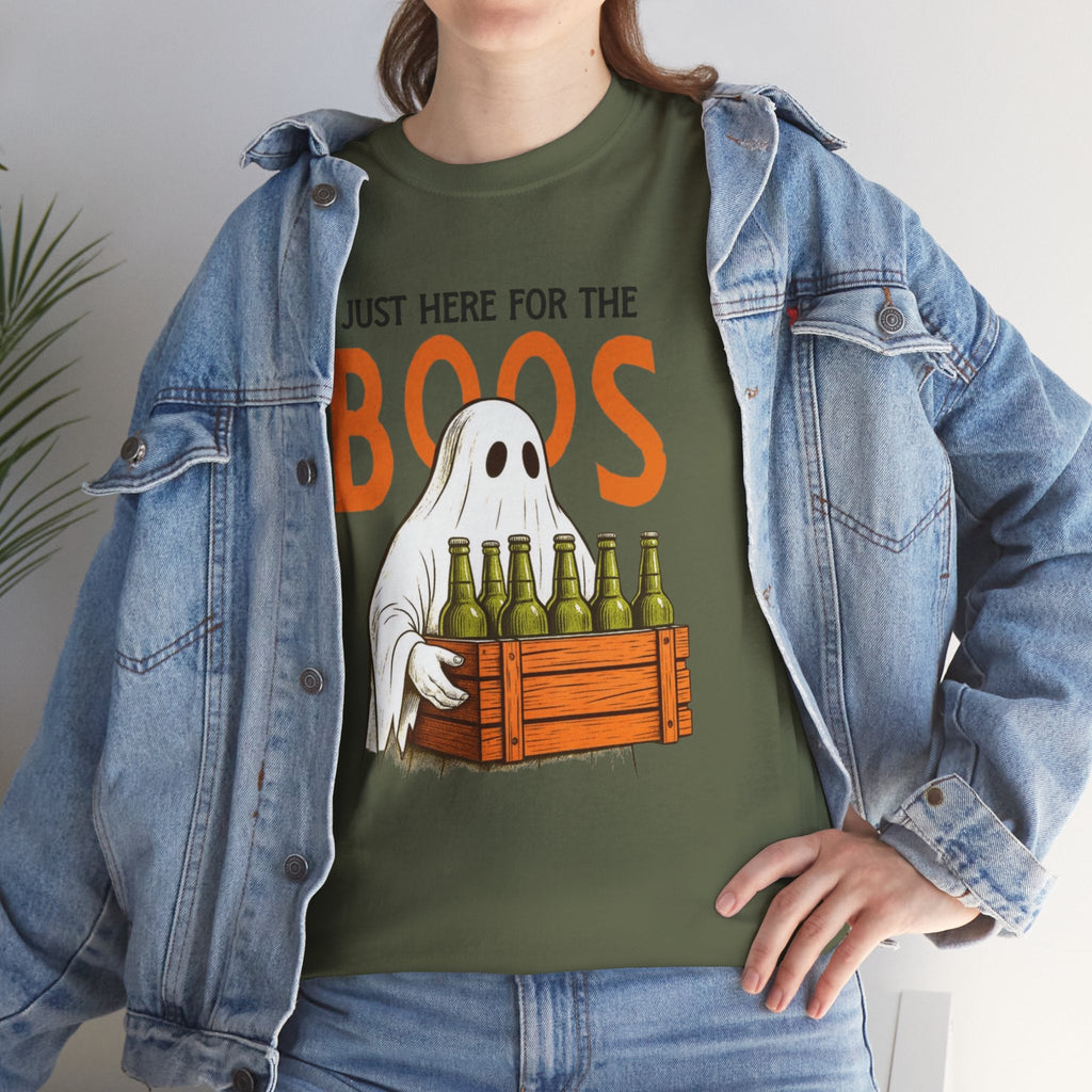 Just Here for the Boos Halloween Tee, Funny Ghost Shirt, Unisex Cotton T-Shirt, Spooky Party Apparel, Halloween Costume Top - Metamorphosis Creations