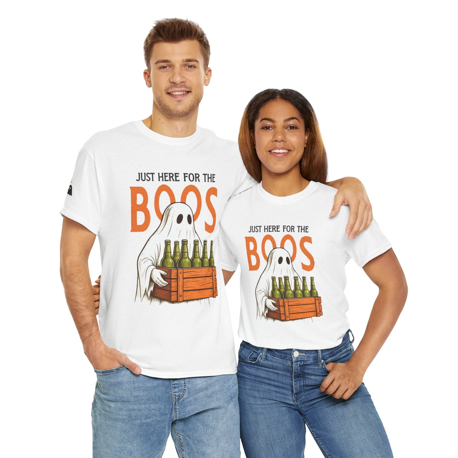 Just Here for the Boos Halloween Tee, Funny Ghost Shirt, Unisex Cotton T-Shirt, Spooky Party Apparel, Halloween Costume Top - Metamorphosis Creations