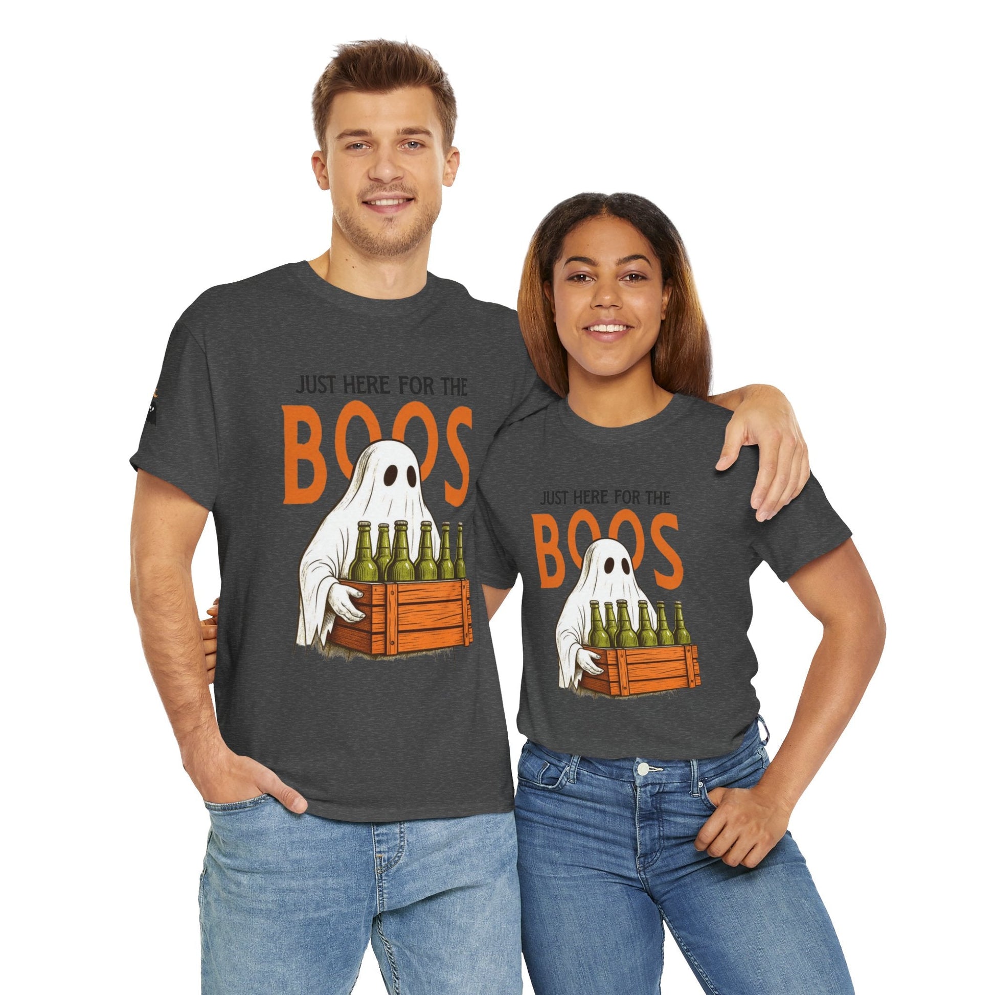Just Here for the Boos Halloween Tee, Funny Ghost Shirt, Unisex Cotton T-Shirt, Spooky Party Apparel, Halloween Costume Top - Metamorphosis Creations