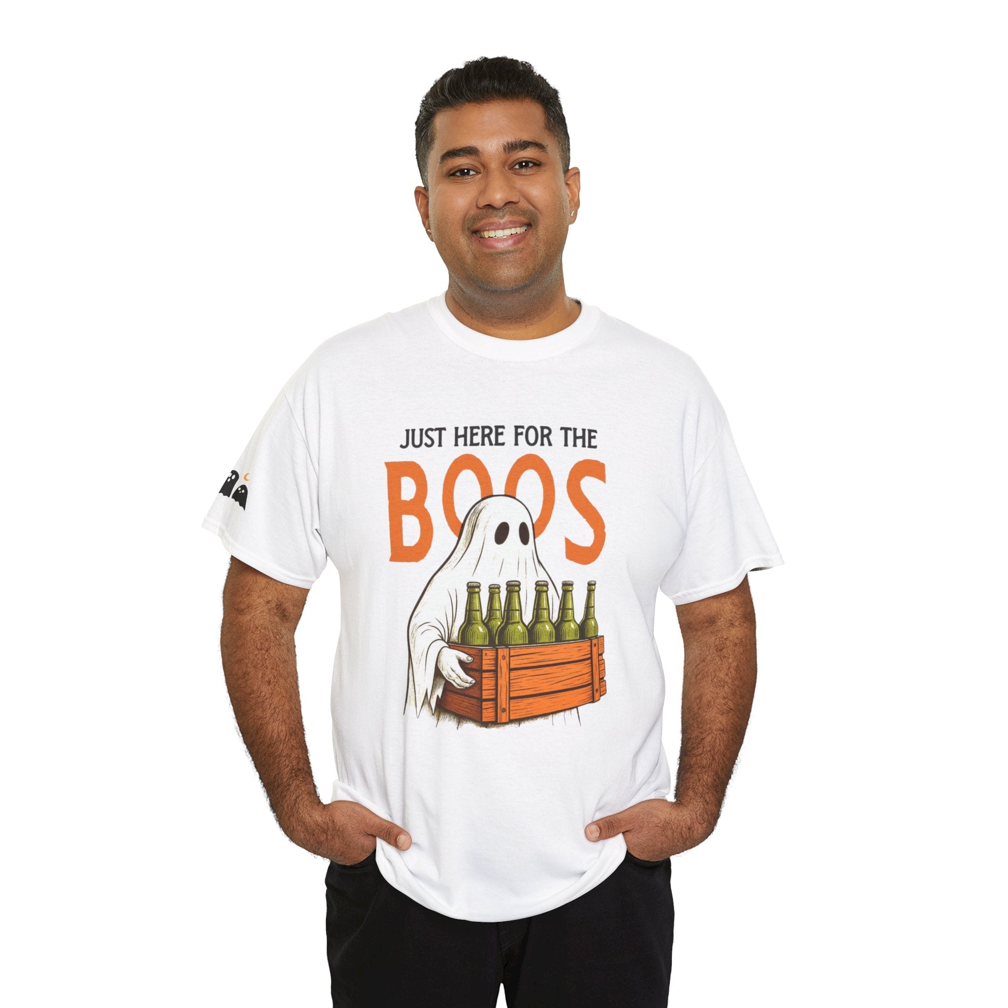 Just Here for the Boos Halloween Tee, Funny Ghost Shirt, Unisex Cotton T-Shirt, Spooky Party Apparel, Halloween Costume Top - Metamorphosis Creations