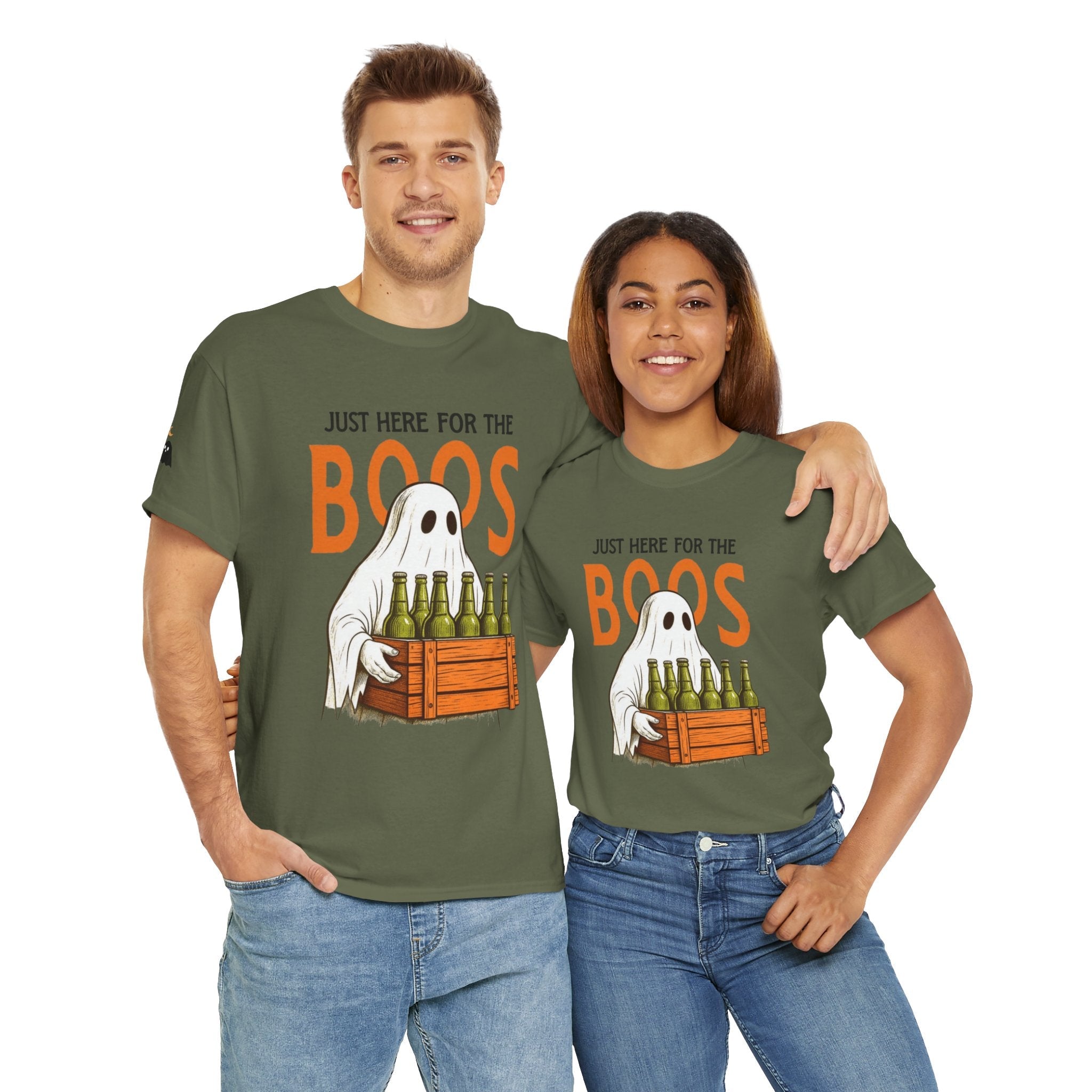 Just Here for the Boos Halloween Tee, Funny Ghost Shirt, Unisex Cotton T-Shirt, Spooky Party Apparel, Halloween Costume Top - Metamorphosis Creations