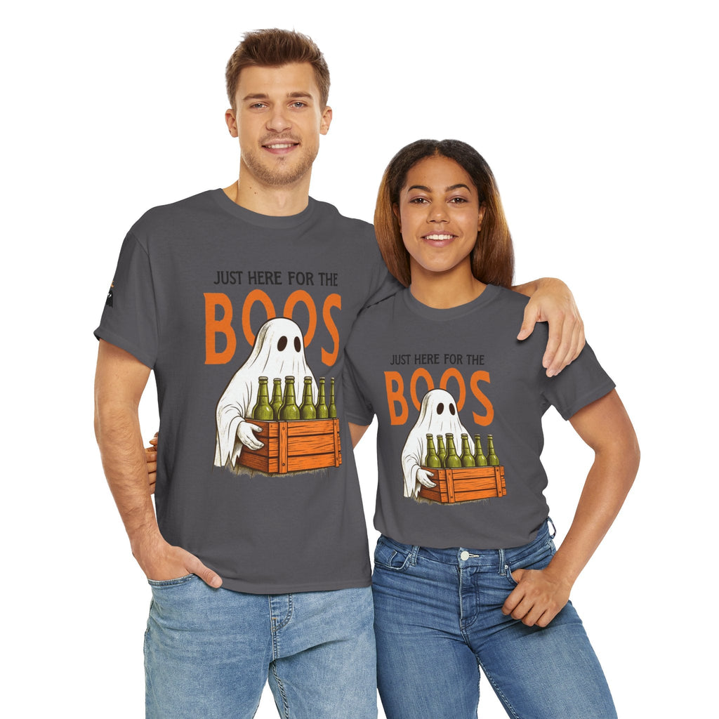 Just Here for the Boos Halloween Tee, Funny Ghost Shirt, Unisex Cotton T-Shirt, Spooky Party Apparel, Halloween Costume Top - Metamorphosis Creations