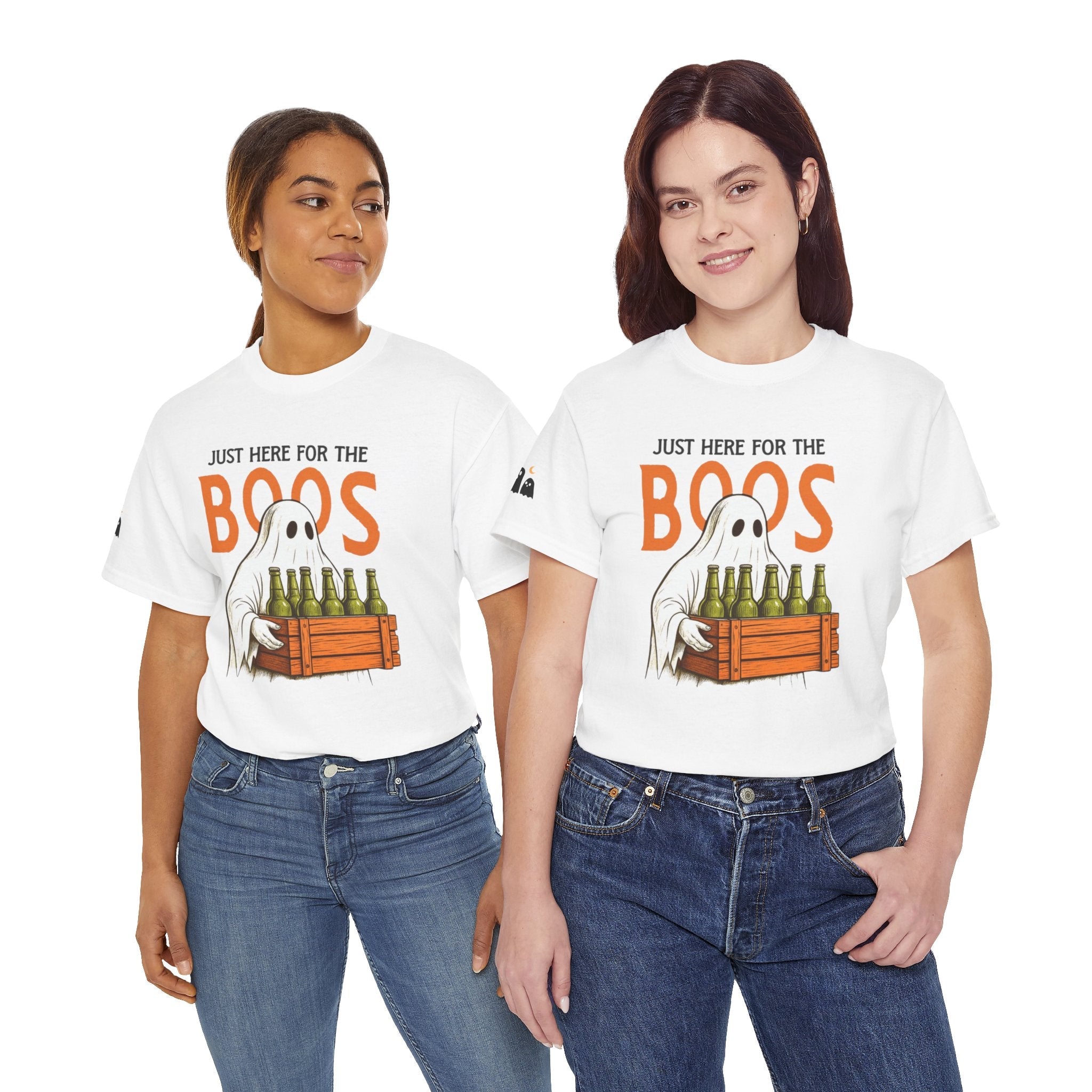 Just Here for the Boos Halloween Tee, Funny Ghost Shirt, Unisex Cotton T-Shirt, Spooky Party Apparel, Halloween Costume Top - Metamorphosis Creations
