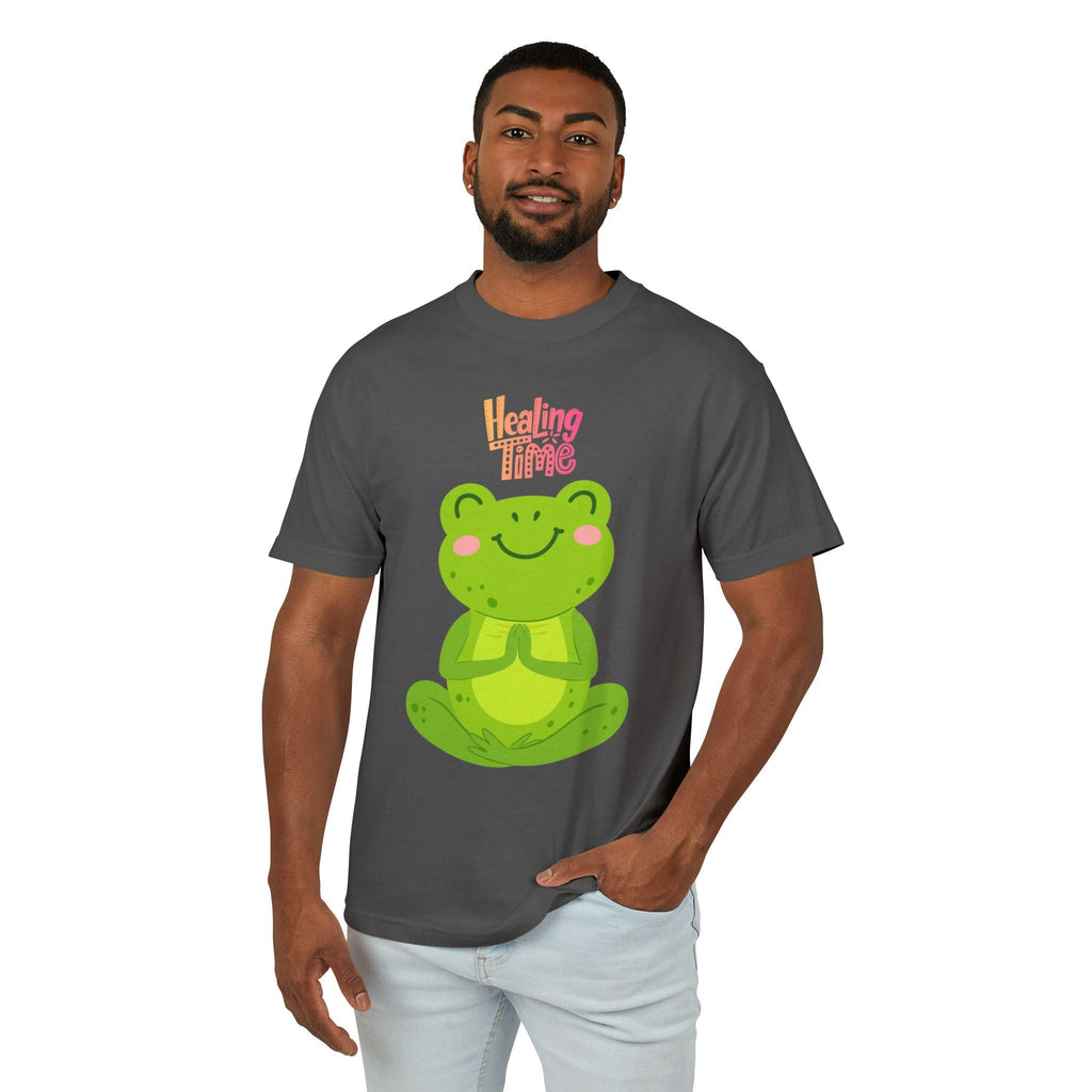 ✨ Let your outfit reflect your inner peace. Healing Time Frog Tee - Unisex Garment - Dyed Heavyweight Cotton Tee, Relaxation Shirt, Gift for Mental Health, Cute Frog Graphic [...] - Metamorphosis Creations
