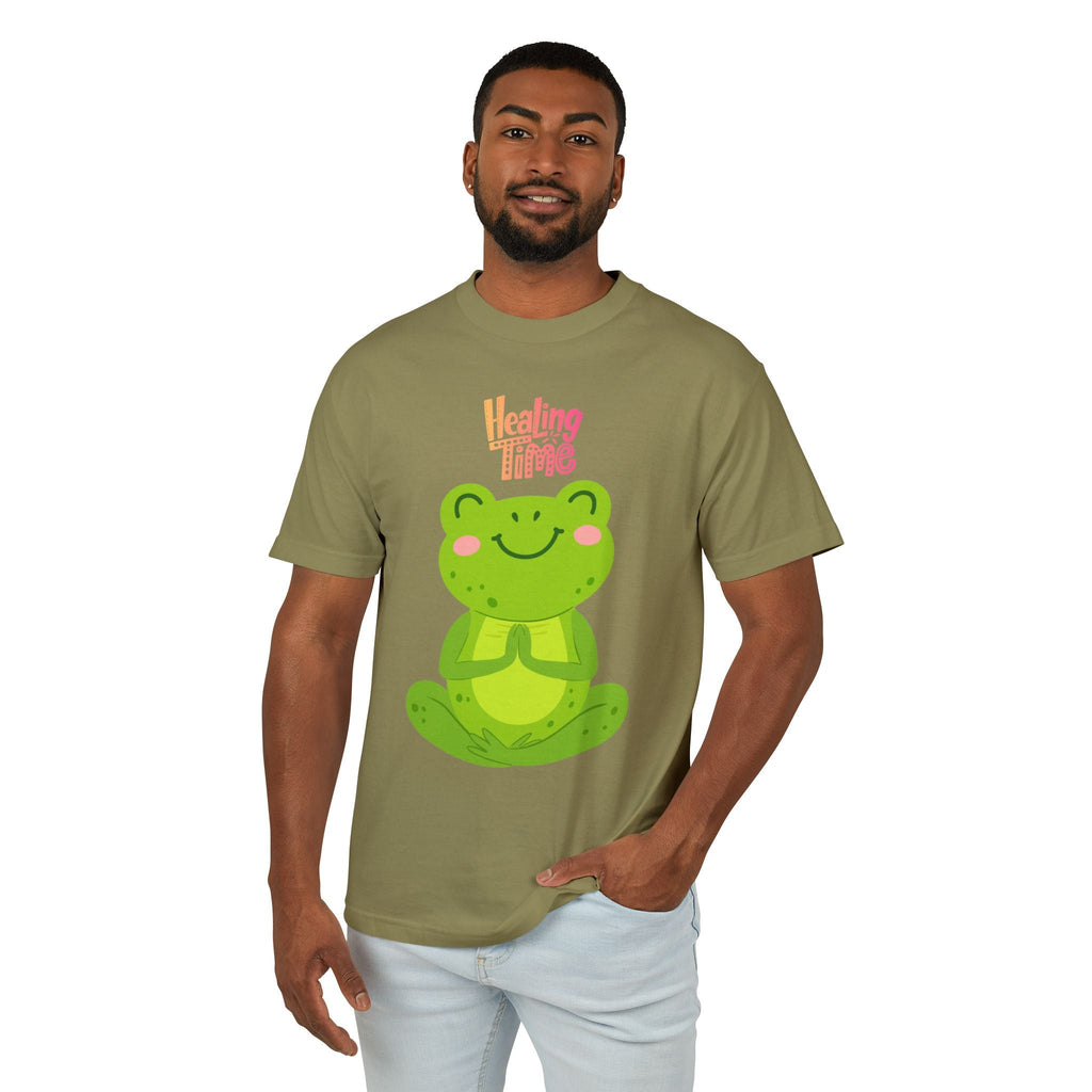 ✨ Let your outfit reflect your inner peace. Healing Time Frog Tee - Unisex Garment - Dyed Heavyweight Cotton Tee, Relaxation Shirt, Gift for Mental Health, Cute Frog Graphic [...] - Metamorphosis Creations