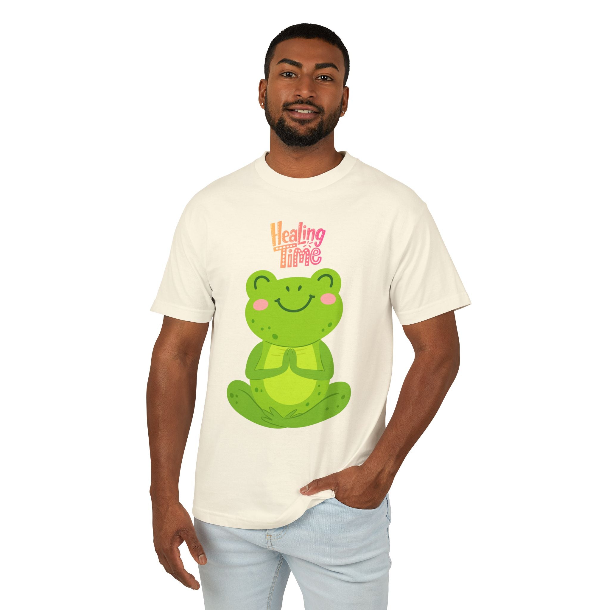 ✨ Let your outfit reflect your inner peace. Healing Time Frog Tee - Unisex Garment - Dyed Heavyweight Cotton Tee, Relaxation Shirt, Gift for Mental Health, Cute Frog Graphic [...] - Metamorphosis Creations