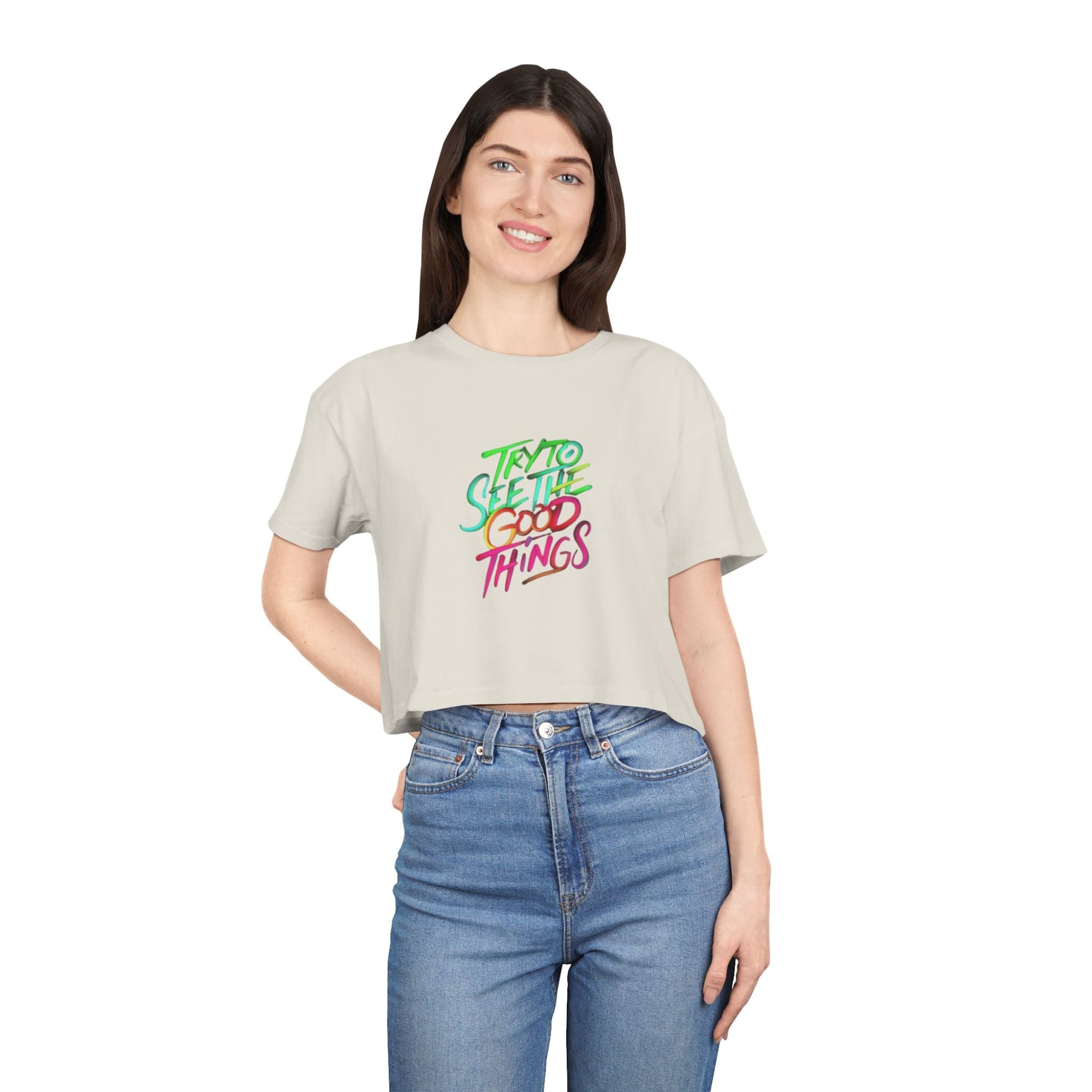 Motivational & Self - Love Women's Crop Tee - 'Try to See the Good Things' | Positive Vibes, Summer Fashion, Gift Idea, Casual Wear, Self - Care - Metamorphosis Creations