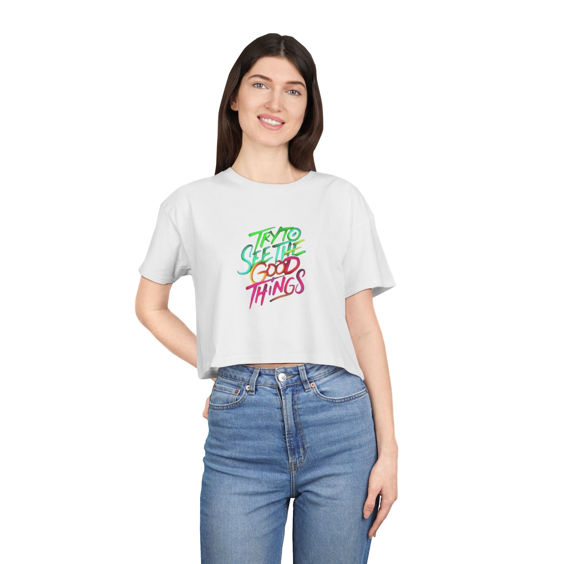 Motivational & Self - Love Women's Crop Tee - 'Try to See the Good Things' | Positive Vibes, Summer Fashion, Gift Idea, Casual Wear, Self - Care - Metamorphosis Creations