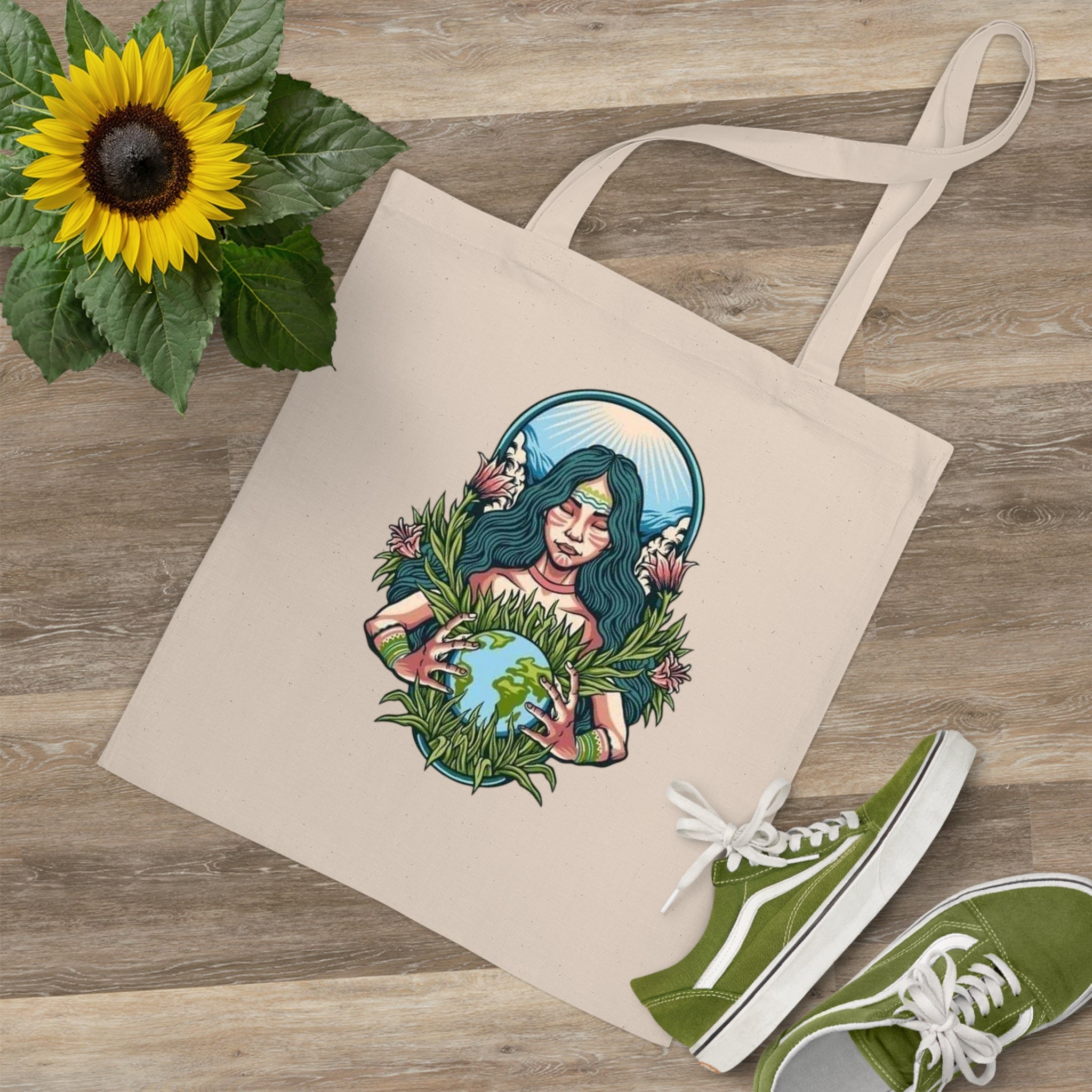 Nature Lover's Illustrated Tote Bag, Eco - Friendly Shopping Bag, Gift for Her, Boho Style, Earth Day Bag, Tote for Vegans - Metamorphosis Creations
