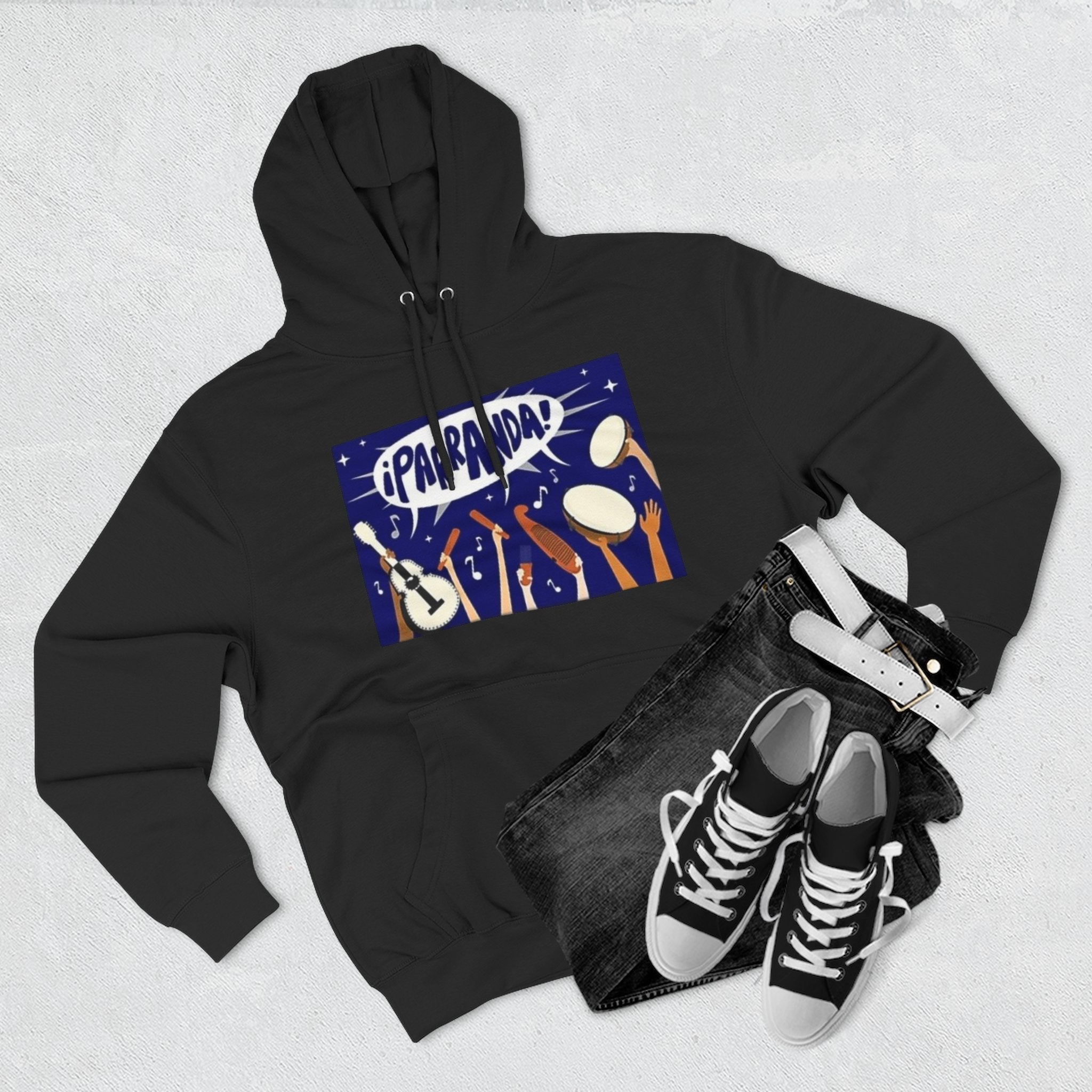 ¡Parranda! Three - Panel Fleece Hoodie | Cozy Gift for Music Lovers, Festival Wear, Lounge Hoodie, Casual Streetwear, Art - Inspired Clothing - Metamorphosis Creations