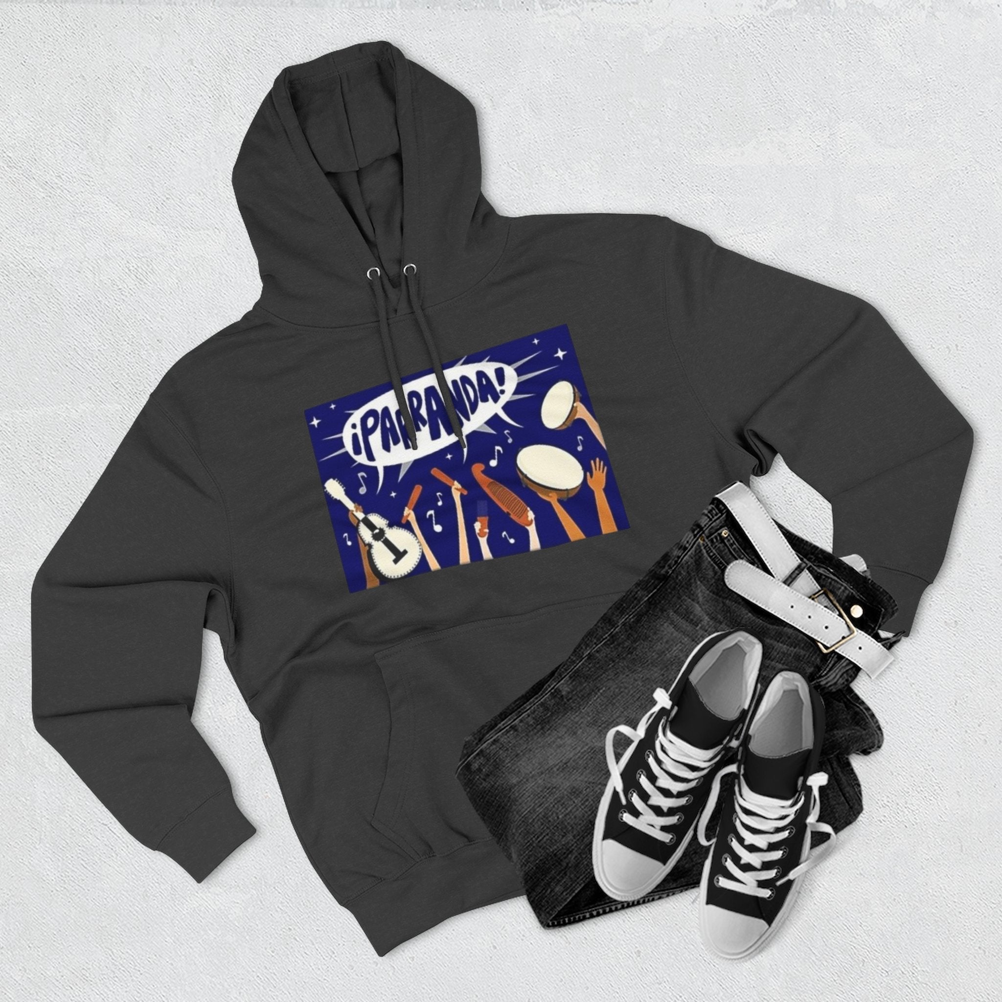 ¡Parranda! Three - Panel Fleece Hoodie | Cozy Gift for Music Lovers, Festival Wear, Lounge Hoodie, Casual Streetwear, Art - Inspired Clothing - Metamorphosis Creations