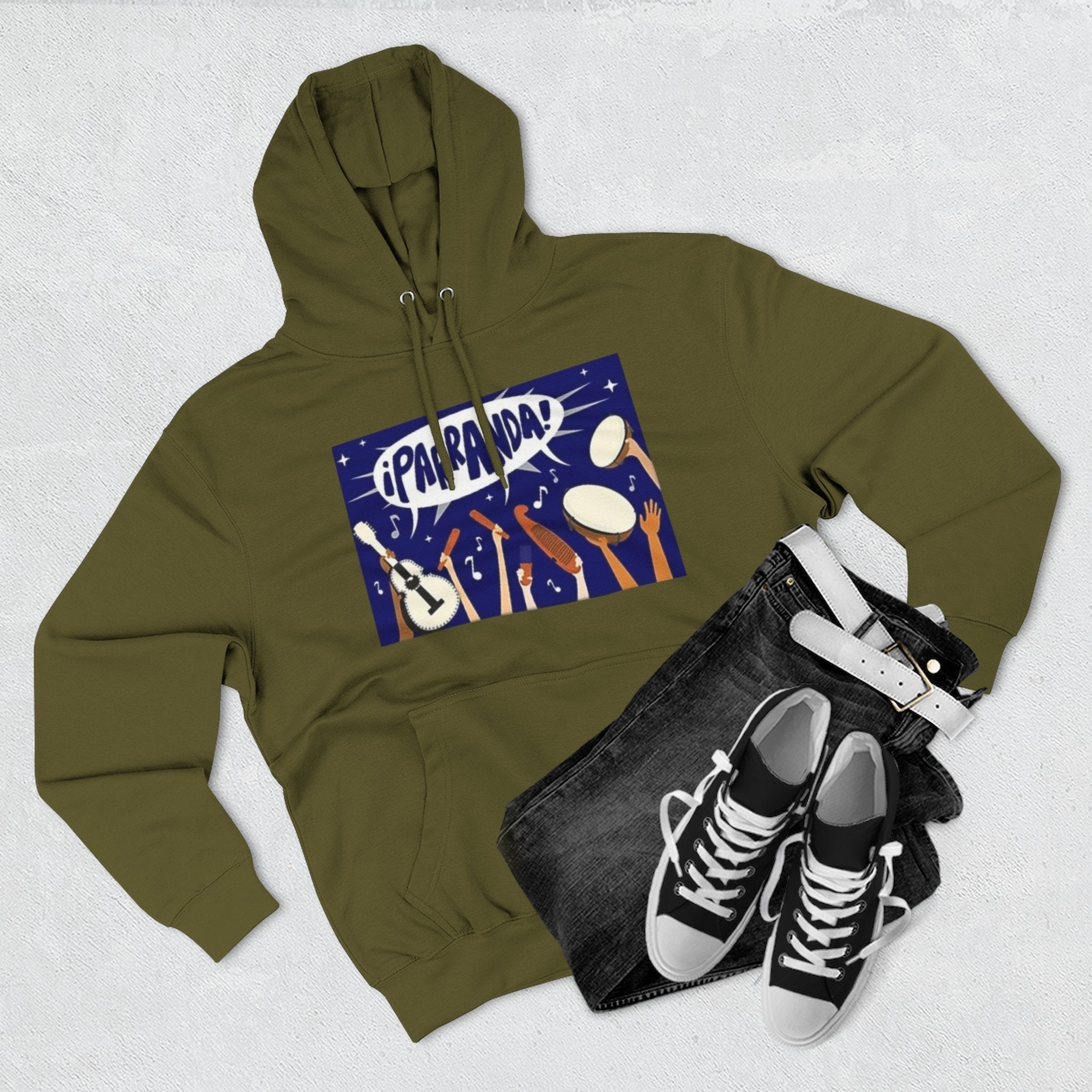 ¡Parranda! Three - Panel Fleece Hoodie | Cozy Gift for Music Lovers, Festival Wear, Lounge Hoodie, Casual Streetwear, Art - Inspired Clothing - Metamorphosis Creations
