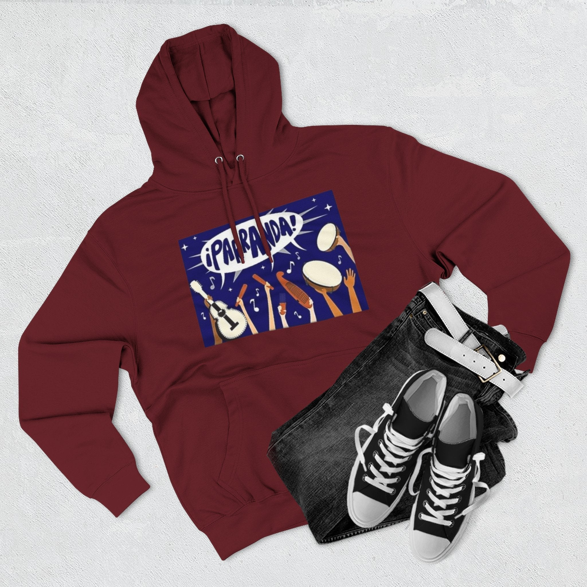 ¡Parranda! Three - Panel Fleece Hoodie | Cozy Gift for Music Lovers, Festival Wear, Lounge Hoodie, Casual Streetwear, Art - Inspired Clothing - Metamorphosis Creations