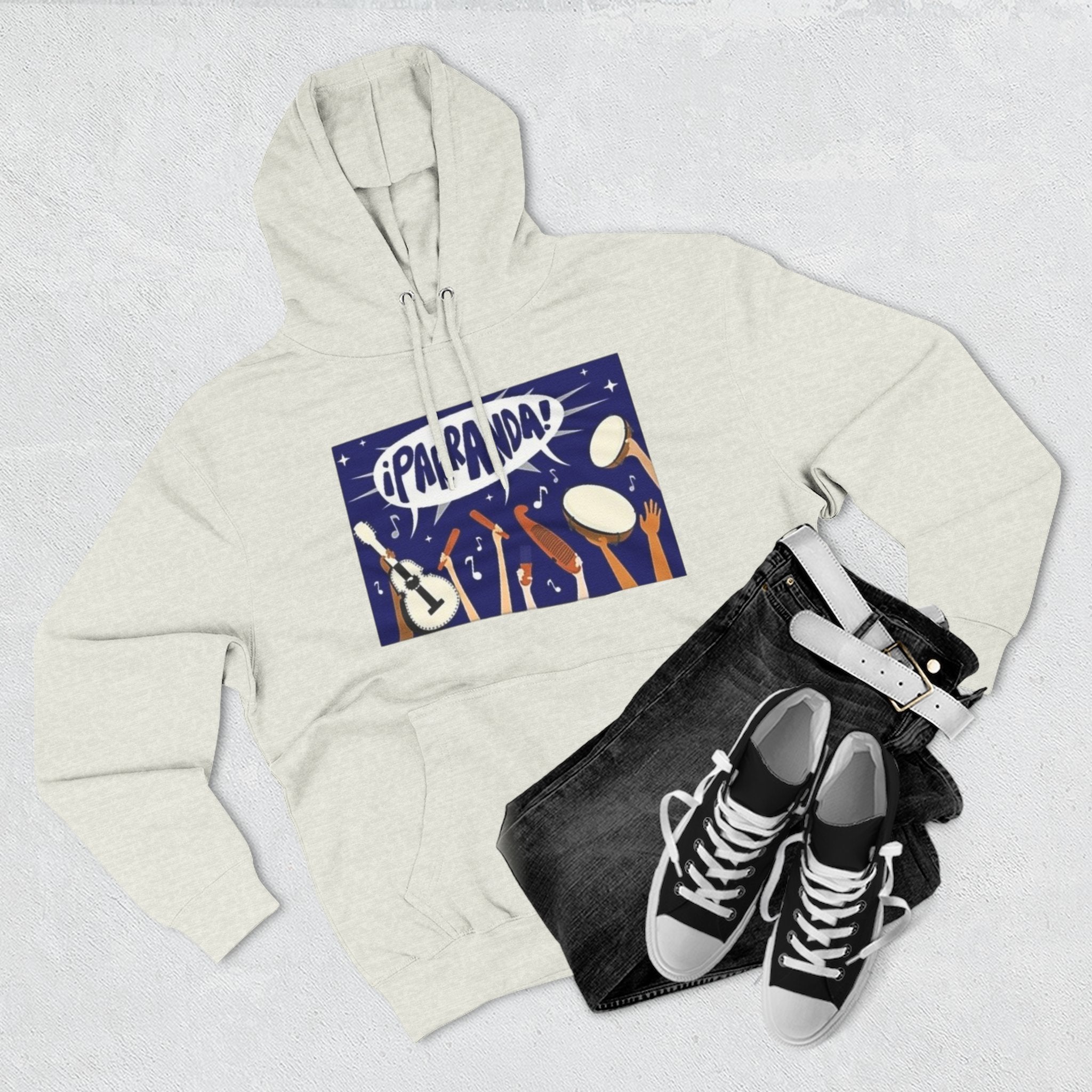 ¡Parranda! Three - Panel Fleece Hoodie | Cozy Gift for Music Lovers, Festival Wear, Lounge Hoodie, Casual Streetwear, Art - Inspired Clothing - Metamorphosis Creations