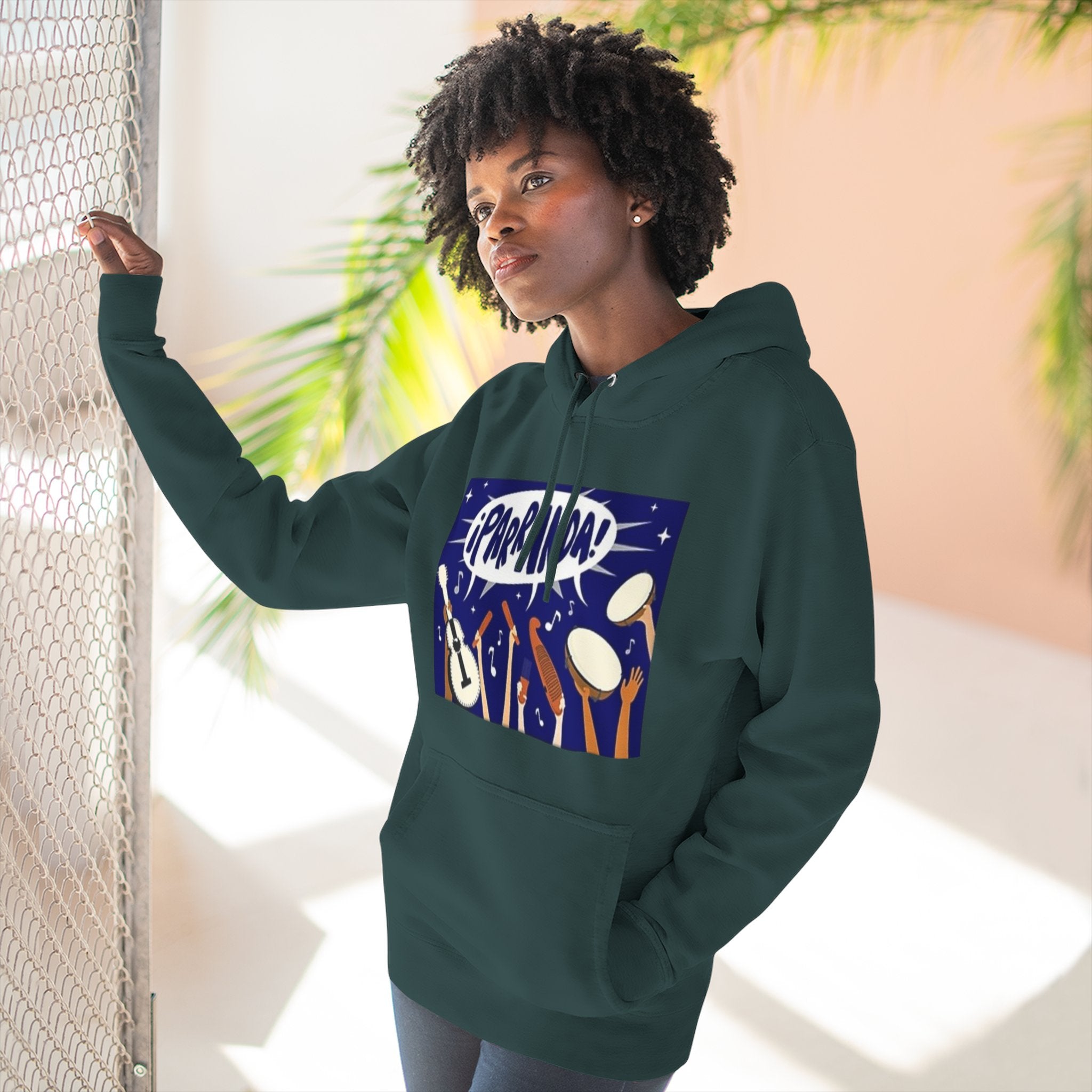 ¡Parranda! Three - Panel Fleece Hoodie | Cozy Gift for Music Lovers, Festival Wear, Lounge Hoodie, Casual Streetwear, Art - Inspired Clothing - Metamorphosis Creations