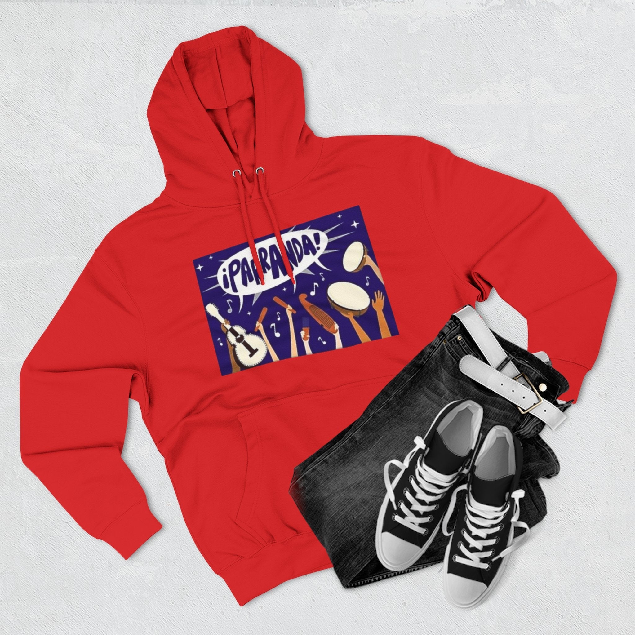 ¡Parranda! Three - Panel Fleece Hoodie | Cozy Gift for Music Lovers, Festival Wear, Lounge Hoodie, Casual Streetwear, Art - Inspired Clothing - Metamorphosis Creations