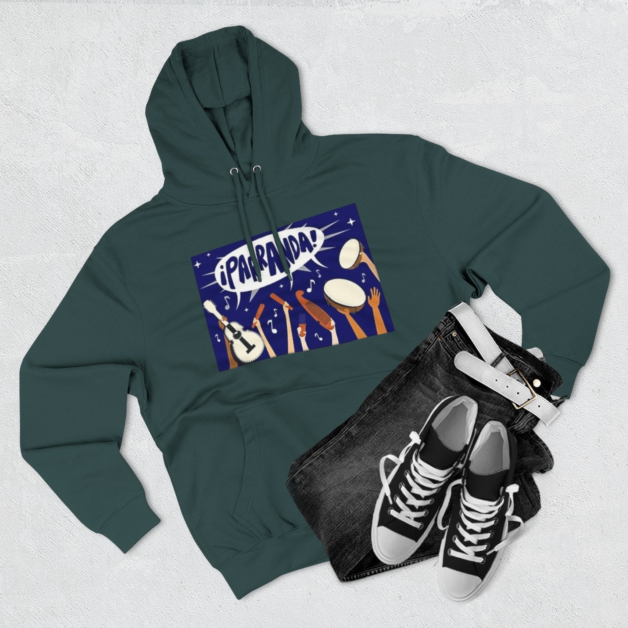 ¡Parranda! Three - Panel Fleece Hoodie | Cozy Gift for Music Lovers, Festival Wear, Lounge Hoodie, Casual Streetwear, Art - Inspired Clothing - Metamorphosis Creations