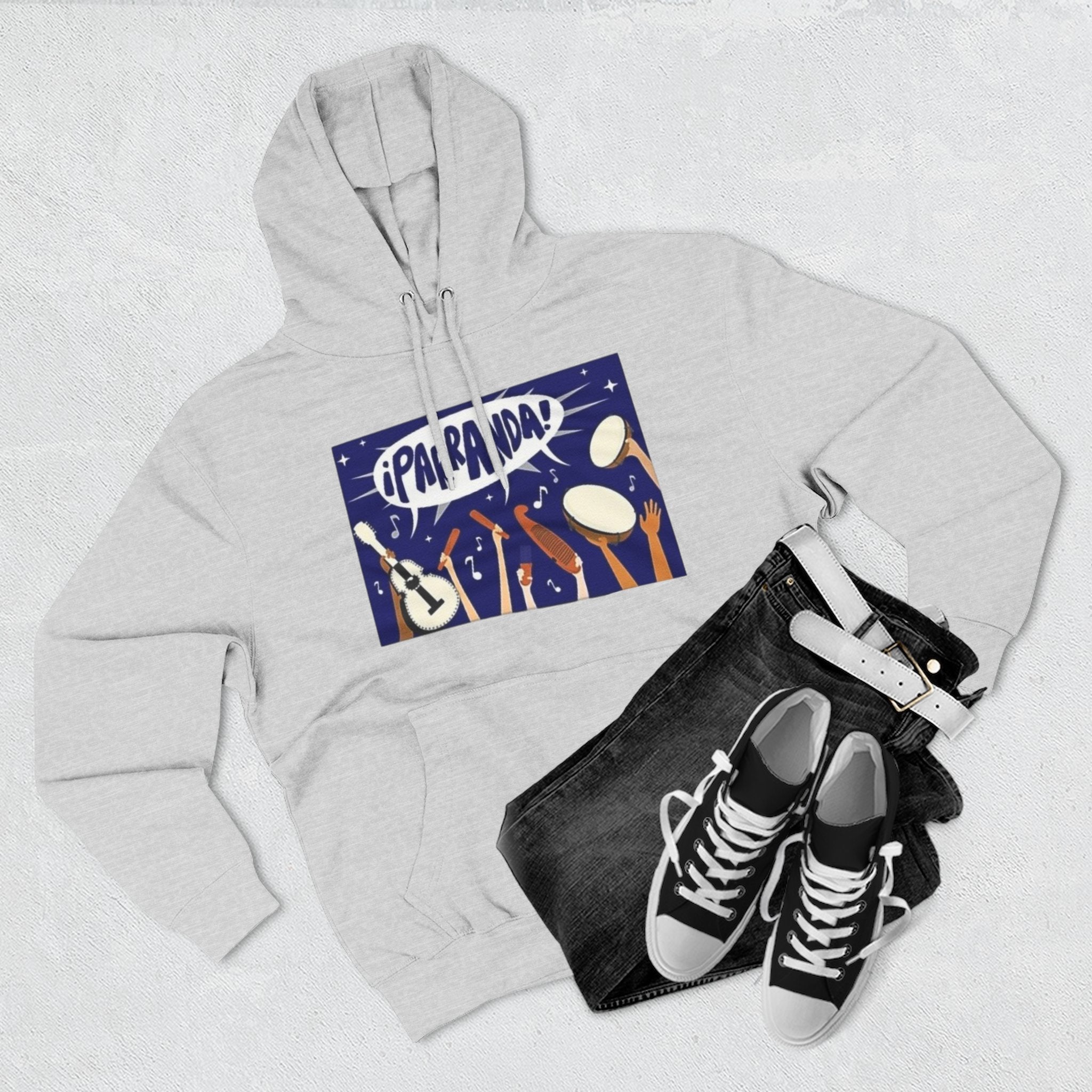 ¡Parranda! Three - Panel Fleece Hoodie | Cozy Gift for Music Lovers, Festival Wear, Lounge Hoodie, Casual Streetwear, Art - Inspired Clothing - Metamorphosis Creations