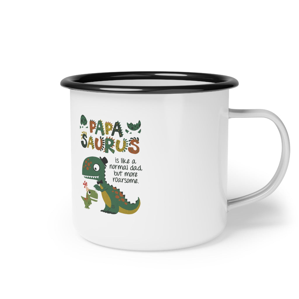 Playful Dinosaur Camp Mug with 'Papa Saurus' Design, Funny Coffee Mug, Camping Gift, Father's Day Gift, Outdoor Adventure Cup - Metamorphosis Creations