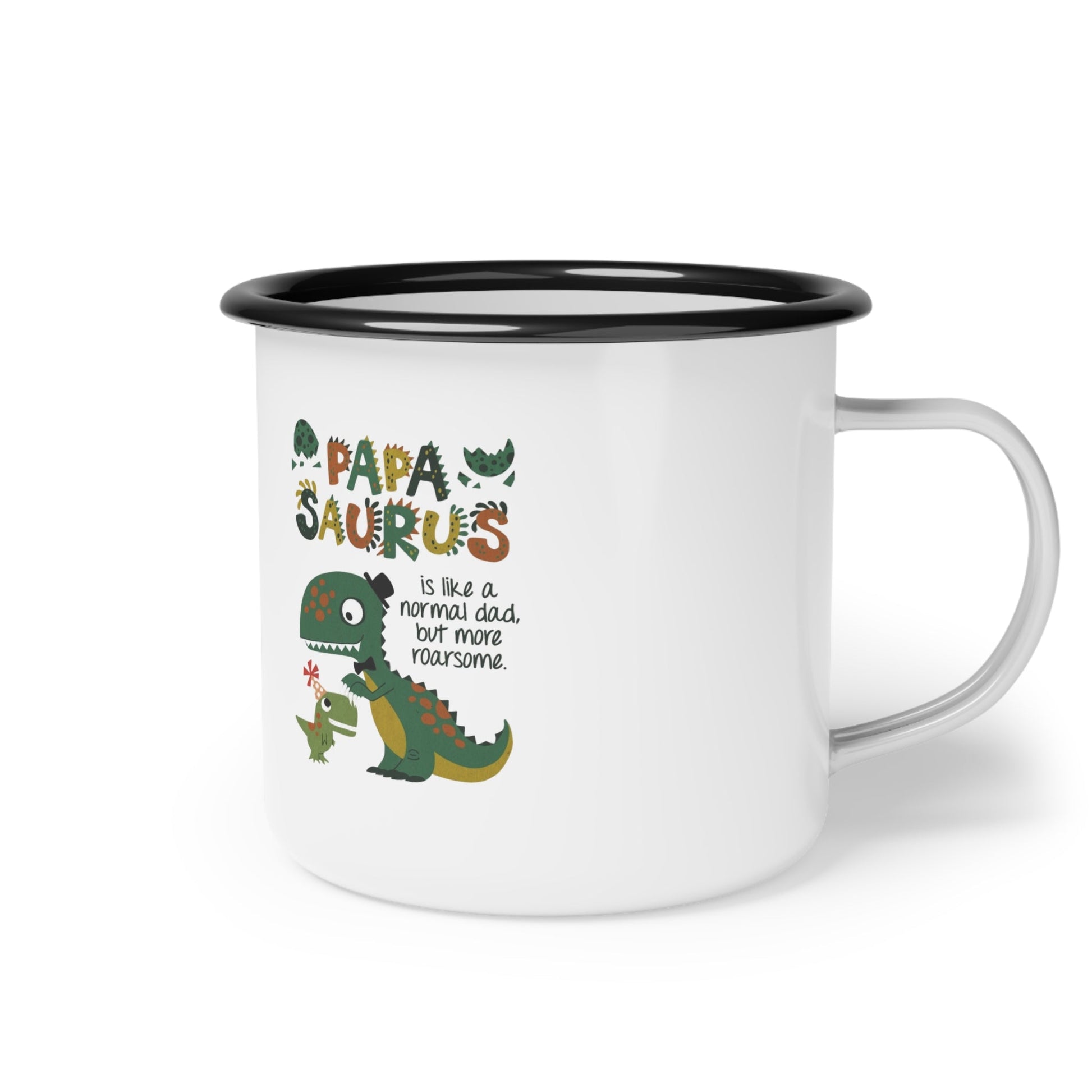 Playful Dinosaur Camp Mug with 'Papa Saurus' Design, Funny Coffee Mug, Camping Gift, Father's Day Gift, Outdoor Adventure Cup - Metamorphosis Creations