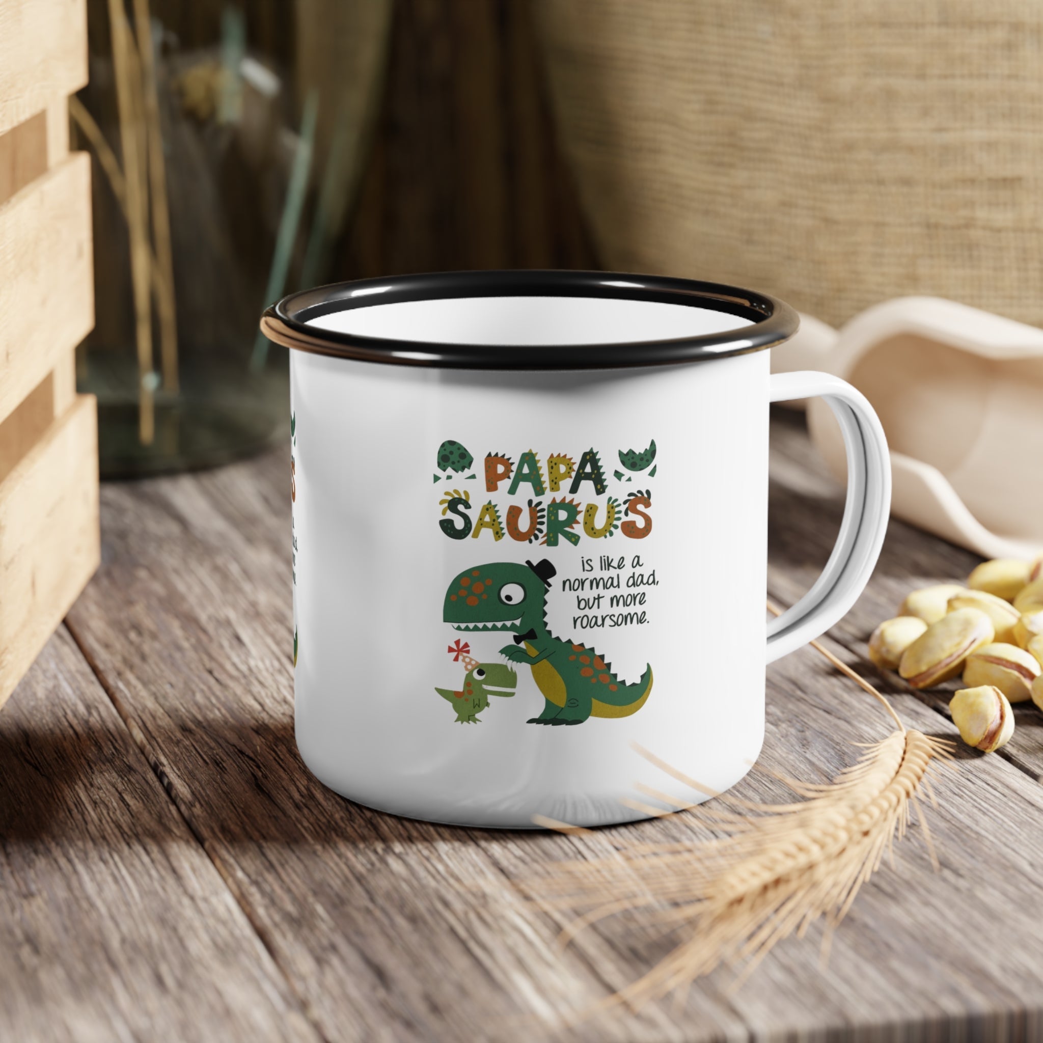 Playful Dinosaur Camp Mug with 'Papa Saurus' Design, Funny Coffee Mug, Camping Gift, Father's Day Gift, Outdoor Adventure Cup - Metamorphosis Creations