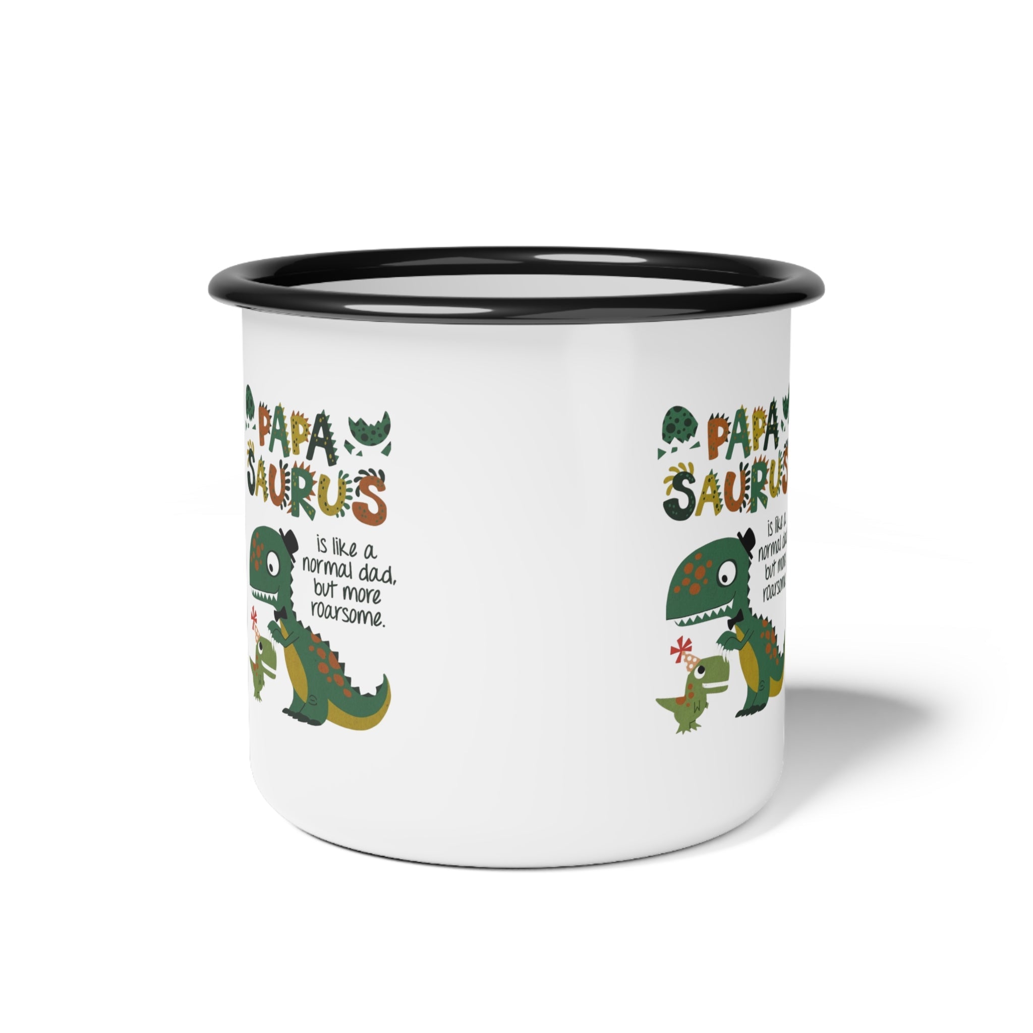 Playful Dinosaur Camp Mug with 'Papa Saurus' Design, Funny Coffee Mug, Camping Gift, Father's Day Gift, Outdoor Adventure Cup - Metamorphosis Creations
