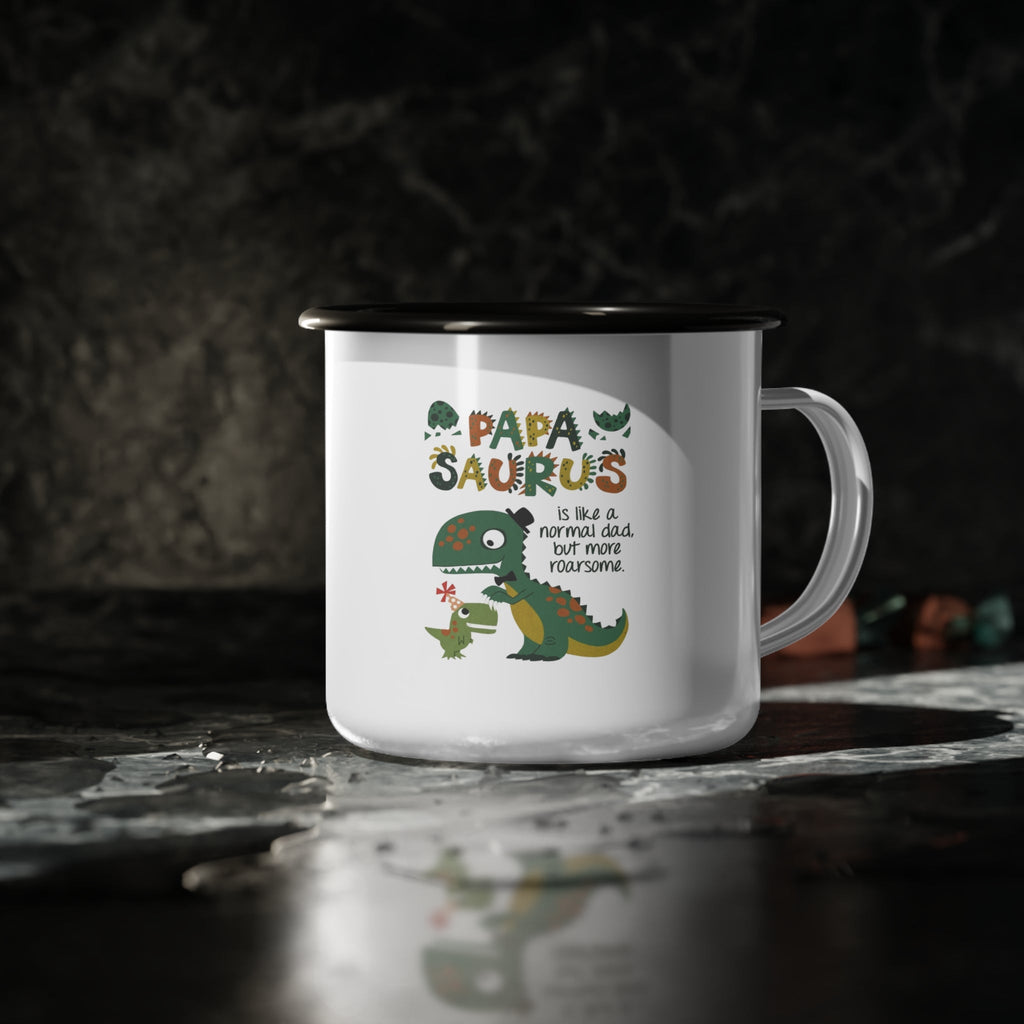 Playful Dinosaur Camp Mug with 'Papa Saurus' Design, Funny Coffee Mug, Camping Gift, Father's Day Gift, Outdoor Adventure Cup - Metamorphosis Creations