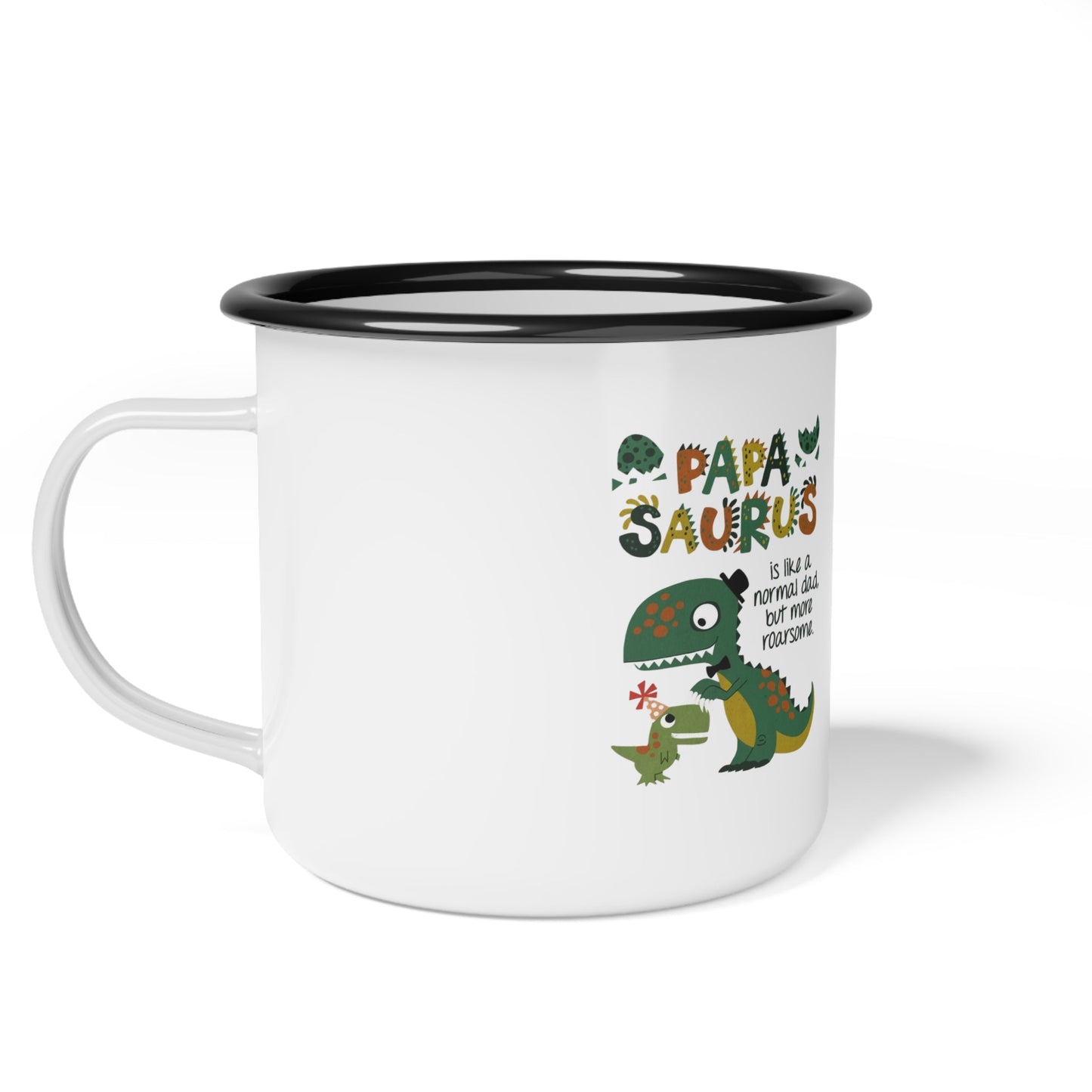 Playful Dinosaur Camp Mug with 'Papa Saurus' Design, Funny Coffee Mug, Camping Gift, Father's Day Gift, Outdoor Adventure Cup - Metamorphosis Creations